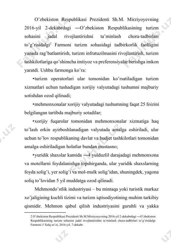 lmagan avans qaytarib beriladi), mijoz nomer va kalitni topshiradi. mijoz bilan hisob-kitob naqd pul bilan ham, pul o’tkazish yo’li bilan ham amalga oshirilishi mumkin. yagona hisobkitob soati (12 soat) tizimini joriy etish mehmonxona ma’muriyatiga mijozlar bilan texnik hisob-kitob qilish jarayonini soddalashtirish imkonini beradi. mijozga kredit kartalaridan foydalanish imkonini berish yo’li bilan mehmonxona uning erkinlik darajasini oshiradi. qabul qilish xizmatining ishini yengillashtirish uchun axborot- hisoblash tizimlari ishlab chiqilgan va tatbiq etilmoqda. umumiy holda axborot-hisoblash tizimi quyidagi to’rtta funksional qismdan tashkil topadi: · joylarni oldindan buyurtma qilish kichik tizimlari; · xizmatga doir axborot berilishini ta’minlash tizimlari; · navbatchi ma’mur tizimlari; · mehmonxona ma’muriyati tizimlari. turizmda axborot hisoblash tizimining imkoniyatlari juda keng. joylarni oldindan buyurtma qilish jarayonini avtomatlashtirish bilan bir qatorda, kelayotganlar ro’yxatga olinadi, nomer fondining hisobi yuritiladi, mijozlar uchun hisob varaqlar tayyorlanadi. 1.1-rasm. turistlar va mehmonlarni joylashtirish vositalari. mehmonxona qator qo’shimcha pullik xizmatlar ko’rsatadi. jumladan, zarur axborot olish, pasportlar va turistik hujjatlarni …