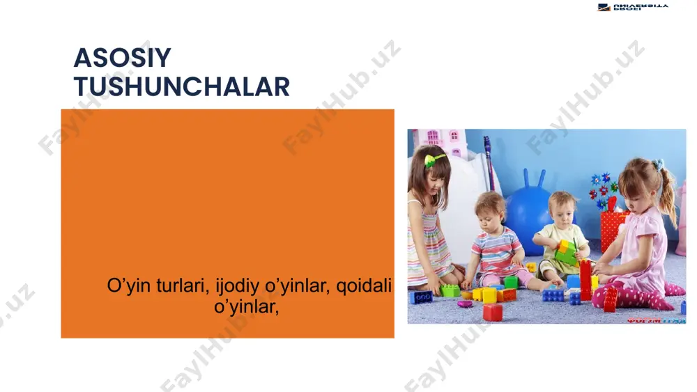 lash vositasi. о‘yin - bolalarga ta’lim-tarbiya berish usuli. о‘yin ham mashg‘ulot, ham faoliyat о‘yin-bu ijtimoiy tajribani о‘zlashtirishga va yaratishga qaratilgan vaziyatlar sharoitidagi faoliyat turi bо‘lib, hatti-harakat ustidan о‘zini-о‘zi boshqarish yuzaga keladi va takomillashadi. o’yinchoqlarga qo’yiladigan talablar pedagogik talab. o’yinchoq obrazi va mazmunining bola tarbiyasiga muvofiqligi, g’oyaviy jihatdan qimmatli bo’lishi pedagogik talabning muhim belgisi hisoblanadi. gigiyenik talab. o’yinchoq qanday materialdan va rangdan tayyorlanganligi, bolaning hayotiga hech qanday xavf solmasligi, yaxshi tozalanishi mumkinligi asosiy talab hisoblanadi. badiiy talab. shakl, bo’yoq va bezaklarning har tomonlama uyg`unlashuvi, bir-birini rang va shakl jihatdan to’ldirib, o’yinchoqning badiiy ifodaliligini oshiradi. o’yinchoqlarning turlari qurish-yasash materiallari o’yinchoqlari konstruktorlik o’yinchoqlari ohang chiqaruvchi musiqaviy o’yinchoqlar o’yinchoq-ermaklar teatr va dekorativ o’yinchoqlar texnika o’yinchoqlari didaktik o’yinchoq va o’yinlar mavzu yuzasidan nimalarni bilib oldingiz? mavzu yuzasidan nimalarni bilib oldingiz? image1.png image2.jpeg image3.jpeg image4.jpeg image5.jpeg image6.jpeg image7.jpeg image8.png