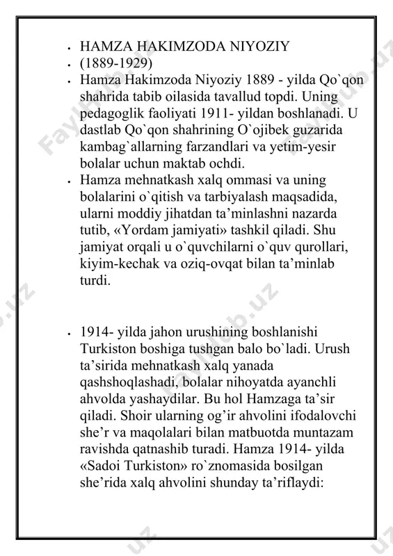 zuv va chizuvni o`rganib olib baxtga erishayotganligini uning nomidan, · - mening o`qib, yozganim, · oltin, kumush qazganim, · tilak sari uchuvga · go`yo qanot yozganim, - · kabi misralarda bayon qiladi. · hamza xuddi shu darslikdan o`rin olgan “to`g`ri so`zla” she’rida har qanday holatda ham, hatto boshingga qilich kelganda ham to`g`ri so`z bo`l, deb o`z o`quvchisini, yosh kitobxonni to`g`ri so`z bo`lishga undaydi: · to` g` ri so`zla ey o` g` ul, · til burmagil yolg`onga hech. · bir masal bor: to` g` ri so`zlar · boshini kesmas qilich. · hamzaning “ yengil adabiyot ” ga kiritgan she’rlaridagi bosh qahramonlarning belgili xususiyatlaridan biri – to` g` ri so`zlik. shoir bolalarni to`g`ri va rostgo`y bo`lishga, zararli va foydasiz ishlardan qochib ijobiy ishlar bilan shug ` ullanishga, kishilarning yaxshi sifatlaridan ibrat olishga chaqiradi. “ to` g` ri so`z bola ” da bu fikr yanada jonli chiqqanini ko`ramiz. · hamza bu she’rida barcha …
