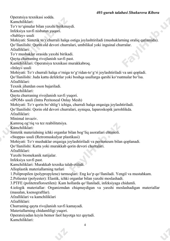 a diagnostik ma’lumotlarga asoslanib sababni aniqlash. differensial diagnostika: dinamik ichak tutilishini mexanik ichak tutilishidan ajratish muhim: mexanik tutilishda obstruktsiya (shish, chandiq yoki begona jism) bo‘ladi. dinamik shaklda strukturaviy obstruktsiya yo‘q, faqat ichakning funksional buzilishi mavjud. 2-variant churralarni alloplastik materiallar bilan plastikasi usullari. churralarni (girginal hernialarni) alloplastik materiallar bilan plastikasi zamonaviy jarrohlik amaliyotida keng qo‘llaniladigan usul bo‘lib, churrani tiklashda sintetik materiallardan (mesh – to‘r shaklidagi implantatlar) foydalaniladi. ushbu usullar bir qancha afzalliklarga ega: churraning qayta paydo bo‘lish xavfi past, operatsiyadan keyingi reabilitatsiya tezlashadi va kuchli chandiq to‘qimasi hosil bo‘ladi. asosiy usullar alloplastik materiallar yordamida churrani plastikasi quyidagi usullar orqali amalga oshiriladi: «onlay» usuli mohiyati: sintetik to‘r churrali halqa ustiga joylashtiriladi. qo‘llanilishi: katta churralar. yuzaki joylashgan churralar (masalan, qorin old devori). afzalliklari: operatsiya texnikasi sodda. kamchiliklari: to‘r to‘qimalar bilan yaxshi birikmaydi. infeksiya xavfi nisbatan yuqori. «sublay» usuli mohiyati: sintetik to‘r churrali halqa ostiga joylashtiriladi (mushaklarning oraliq qatlamida). qo‘llanilishi: qorin old devori churralari, …