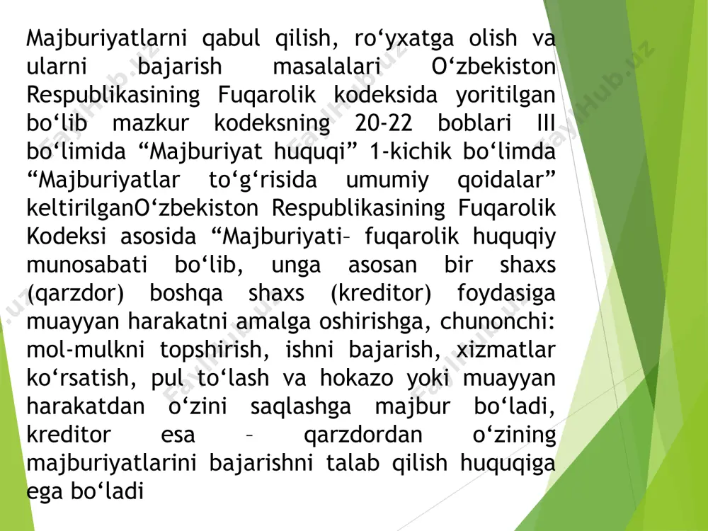 iyatlarni bajarish. majburiyatlar majburiyat shartlariga va qonun hujjatlari talablariga muvofiq, bunday shartlar va talablar bо‘lmaganida esa – ish muomalasi odatlariga yoki odatda qо‘yiladigan boshqa talablarga muvofiqlozim darajada bajarilishi kerak. majburiyatni bajarishdan bir tomonlama bosh tortish va shartnoma shartlarini bir tomonlama о‘zgartirishga yо‘l qо‘yilmaydi, qonun hujjatlarida yoki shartnomada nazarda tutilgan hollar bundan mustasno. majburiyat kelishilgan va taraflar uchun maqbul usulda bajarilishi shart. majburiyatni bajarish usuli, agar bu usul majburiyatning mohiyatidan anglashilmasa va qonun bilan belgilab qо‘yilgan bо‘lmasa, shartnomada kо‘rsatilgan bо‘lishi kerak. majburiyatlarning bajarilishini ta’minlash. majburiyatning bajarilishi neustoyka, garov, qarzdorning mol-mulkini ushlab qolish, kafillik, kafolat, zakalat hamda qonun hujjatlari yoki shartnomada nazarda tutilgan boshqacha usullar bilan ta’minlanishi mumkin. byudjet tashkilotlari haqida umumiy tushuncha byudjet tashkilotlari nima? (davlat tomonidan moliyalashtiriladigan tashkilotlar, masalan, maktablar, kasalxonalar va hokazo). ushbu tashkilotlarda moliya hisobining roli va ahamiyati. debitorlar va kreditorlar tushunchasi debitorlar: byudjet tashkilotiga qarzdor bo'lgan tomonlar yoki tashkilotlar. kreditorlar: byudjet tashkiloti qarzdor bo'lgan sub'ektlar. byudjet tashkilotlarida …