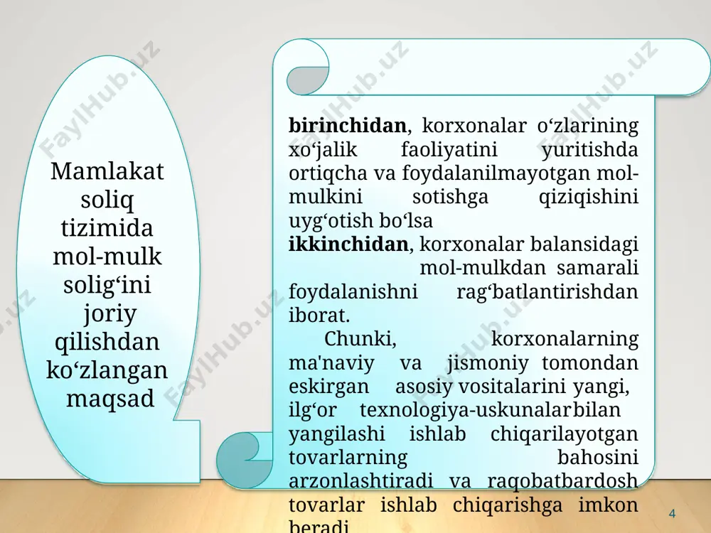 i yetishtirish uchun foydalaniladigan qishloq xo‘jaligi korxonalari balansida bo‘lgan mol-mulk yangi neft va gaz quduqlarining — ular foydalanishga topshirilgan oydan boshlab ikki yil muddatga yangi neft va gaz quduqlariga nisbatan soliq imtiyozlarining amal qilish muddati tugagandan keyin uch yil davomida belgilangan soliq stavkasining 50 foizga kamaytirilgan soliq stavkasi qo‘llaniladi. quyidagilar mol-mulk solig’idan ozod qilinadi: 1) yagona ishtirokchilari nogironligi bo‘lgan shaxslarning jamoat birlashmalari bo‘lgan va xodimlarining umumiy sonida nogironligi bo‘lgan shaxslar kamida 50 foizni tashkil etadigan hamda nogironligi bo‘lgan shaxslarning mehnatiga haq to‘lash fondi mehnatga haq to‘lash umumiy fondining kamida 50 foizini tashkil etadigan yuridik shaxslar; 2) qayta tiklanuvchi energiya manbalari qurilmalarini (nominal quvvati 0,1 mvt va undan ortiq bo‘lgan) o‘rnatganlik uchun qayta tiklanuvchi energiya manbalaridan energiya ishlab chiqaruvchilar, ular foydalanishga joriy etilgan paytdan e’tiboran o‘n yil muddatga. soliqni hisoblab chiqarish, soliq hisobotini taqdim etish va soliqni to‘lash tartibi soliq hisoboti soliq bo‘yicha hisobga olish joyidagi soliq organiga yilda bir marta, …
