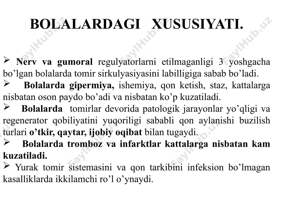 beradi. surunkali umumiy venoz to’laqonlik (surunkali yurak yetishmovchiligi sindromi) sabablari: yurak parogi, surunkali yurak ishemik kasalligi, surunkali miokardit, kardiopatiya, o’pka emfizemiyasi, pnevmoskleroz, umurtqani qiyshayishi, plevral bo’shlig’ini obliterasiyasi. surunkali gipoksiyada a’zolarda biriktiruvchi to’qima o’sib ketishi, parenximani atrofiyasi va xalok bo’lgan elementlari o’rnida fibroz to’qima xosil bo’ladi. kliniko – morfologik ifodasi qonni katta xajmi teri osti klechatkasi va oyoq venalarida to’planadi (shish). serroz bo’shliqlarida suyuqlik – transsudat to’planadi. аssit. gidrotoraks, perikardium, anasarka. a’zo va to’qimalar xajmi kattalashadi va rangi o’zgaradi. sianoz – тiklangan gemoglobin miqdorini ortishi tufayli yuzaga keladi. organ tichlashadi – gipoksiya natijasida biriktiruvchi to’qima xosil bo’ladi. jigar – muskatli jigar ko’rinishida bo’lib qoladi. jigar bo’lakchasini markazida to’laqonlik va qon quyilishlar. bulakchani periferasidagi gepatositlarda distrofiya xolatida ayniqsa yog’li distrofiya kuzatiladi. dimlanishga aloqador kuchayib boruvchi fibroz (skleroz, sirroz) kuzatiladi. ichki a’zolarda: а’zolarni sianotik indurasiyasi kuzatiladi. o’pkada – qo’ng’ir indurasiya rivojlanadi. yurakni chap qorinchasini yetishmovchiligi tufayli shish rivojlanadi. dimlanish- gipoksiya kapillyar va venulalarni …