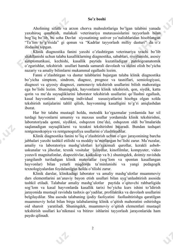 il etilishi va moddiy ta’minlangan bo’lishi zarur. ma’ruzalar, amaliy va laboratoriya mashg’ulotlari ko’rgazmali qurollar, kerakli asbob-uskunalar va jihozlar, texnik vositalar (slaydlar, kinofilmlar, kompyuter, video yozuvli magnitafonlar, diapozitivlar, kadoskop va b.) shuningdek, doimiy ravishda yangilanib turiladigan klinik materiallar (sog’lom va spontan kasallangan hayvonlar) bilan yetarli miqdorda ta’minlanishi va yangi pedagogik texnologiyalardan foydalanilgan holda o’tilishi zarur. klinik darslar, klinikadagi laborator va amaliy mashg’ulotlar muammoviy dars elementlarini an’anaviy bayon etish usullari bilan uyg’unlashtirish asosida tashkil etiladi. talabalar amaliy mashg’ulotlar paytida o’qituvchi rahbarligida sog’lom va kasal hayvonlarda kasallik tarixi bo’yicha kurs ishini to’ldirish jarayonida mustaqil ravishda tashxis qo’yadilar, profilaktika va davolash usullarini belgilaydilar. shu asosda talabaning ijodiy faoliyatini faollashtirishga qaratilgan muammoviy holat bilan birga talabalarning klinik o’qitish mahoratini oshirishga oid sharoit yaratiladi. shuningdek, muammoviy o’qitish elementlari mustaqil tekshirish usullari ko’nikmasi va bitiruv ishlarini tayyorlash jarayonlarida ham paydo qilinadi. xo’jalik tekshirishlarni bajarishda eng muhim va ajratib bo’lmas qismi, olingan natijalarni rasmiylashtirishdir. bunda klinik diagnostika fani …