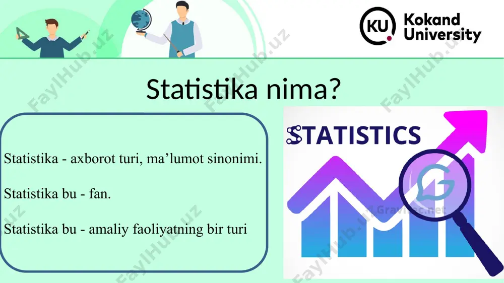 javob beradi: umumiy maqsadga erishish uchun qulay o`zaro ta’sir nuqtai nazaridan tizim elementlarining birligi; katta o`lchamlilik; ishining murakkabligi va boshqalar. this presentation uses a free template provided by fppt.com www.free-power-point-templates.com statistika organlarida aktni rivojlantirish istiqbollari aktning bugungi rivojlangan bosqichi, ya’ni statistik kuzatuv jarayonlarining asosiy qismi avtomatlashtirilgan davrining asosiy yo`nalishi bo`lib, davlat statistika qo`mitasi tomonidan boshqariladigan tizimlar o`rtasidagi o`zaro hamkorlikni tashkil etish hisoblanadi. ma’lumotlar bazasi va tizimlar orasidagi axborotlar almashinuvi jarayonida inson aralashuvini maksimum kamaytirish uchun, dasturiy ta’minot va axborot tizimlarini ishlab chiqishda foydalaniladigan platforma va texnologiyalar xilma-xilligini birlashtirish zarur. this presentation uses a free template provided by fppt.com www.free-power-point-templates.com statistik axborot xilma - xilligi, ommaviyligi va davriyligi jihatidan farqlanadi. reglament topshiriqlari deganda davlat statistika qo`mitasi darajasiga muvofiq keluvchi statistik hisobotlardagi ma’lumotlarni qayta ishlash topshiriqlari tushuniladi. har bir reglament topshirig`i odatda statistik hisobotlarning ba’zi aniq shakllari bilan bog`liq. axborot xizmati topshiriqlari mazmun jihatdan reglamentlashgan ma’ruzalar, tahliliy yozuv va ma’lumotnomalarni tezkor tuzish …