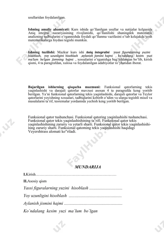hiziqli trapesiyasimon figuraning yuzi 6 ga teng ekan. 2) agar funksiya o`qining y pastki qismida joylashgan hamda uzluksiz bo`lib, va to`g`ri chiziq kesmalari 0 a b x bilan chegaralangan bo`lsa, hosil bo`lgan egri chiziqli trapesiyasimon figuraning yuzi a quyidagi formula yordamida topiladi: b yoki . (1) misol: chiziqlar bilan chegaralangan figuraning yuzini hisoblang. yechilishi: berilgan masalani yechish uchun (2) formuladan foydalanib, chegaralari -1 va 1 dan iborat bo`lgan quyidagi aniq integralni hisoblaymiz: 3) uzluksiz funksiya grafigi kesmada o`qini chekli sondagi nuqtalarda kesib o`tsin. u holda, kesma funksiyaning ishorasi almashinishiga asoslanib, bir xil ishorali qismlari alohida –alohida kesmachalarga ajratiladi, ya`ni , , va . u holda izlangan yuza hosil bo`lgan y yuzachalarning algebraik yig`indisidan iborat bo`ladi. bunda qism + + funksiyalarning ishoralari e`tiborda 0 a - c d - e b x bo`ladi. izlanayotgan yuza quyidagi integrallarning algebraik yiqindilari yordamida topiladi: (3) misol: embed equation.3 va chiziqlar bilan chegaralangan figuraning yuzini …