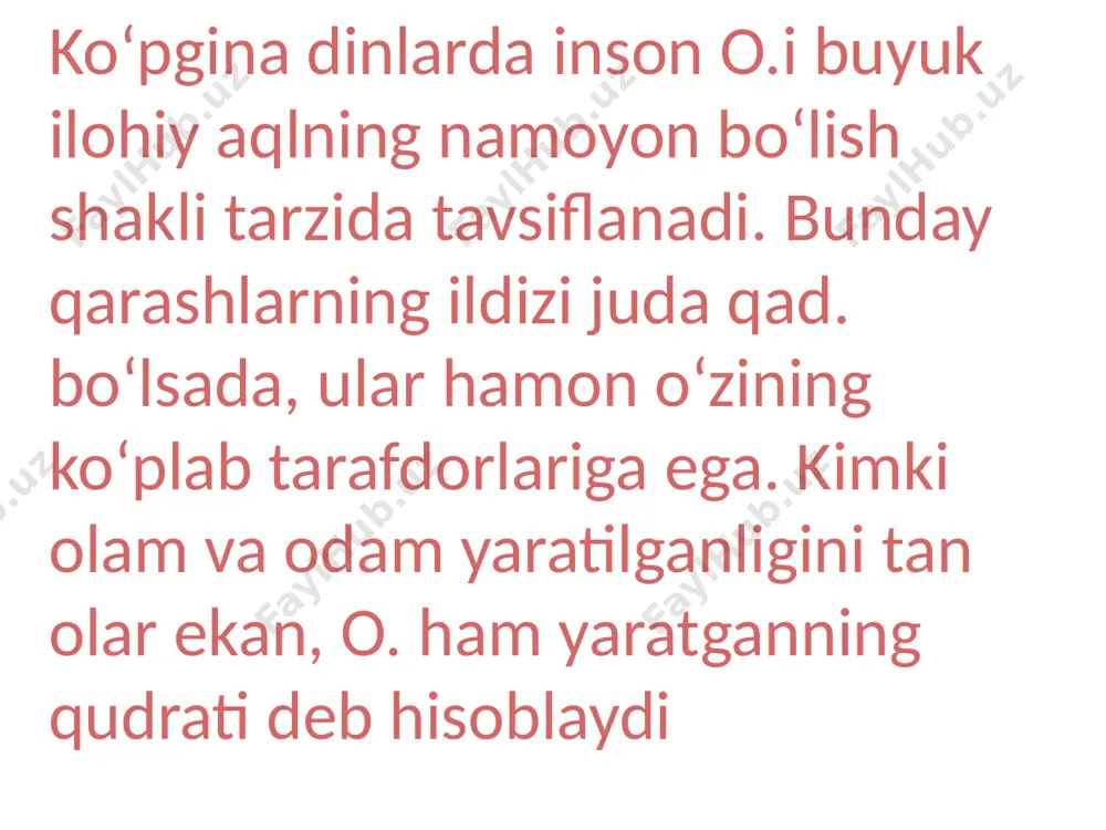 ifatida belgilash mumkin har bir yangi tarixiy davr uning zamondoshlari ongida o’ziga xos tarzda aks etadi, va odamlar mavjudligining tarixiy sharoitlari o’zgarishi bilan ularning ongi ham o’zgaradi. uning rivojlanish filogenezini tarixiy rakursda tasavvur qilish mumkin. lekin xuddi shuning o’zi inson ontogenezining rivojlanishi davomida inson ongiga nisbatan ham haqqoniydir, individ insonlar tomonidan yaratilgan san’at, madaniyat asarlari orqali ungacha yashab o’tgan xalqlarning psixologiyasiga kirib boradi. ong rivojlanishidagi bu yo’nalish tarixiy yo’nalish sifatida belgilanadi. psixikaning quyi darajasi ongsizlikdir. ongsizlik – bu shunday psixik jarayonlar va hodisalar yig’indisiki, unda inson o’z xatti-harakatlariga javob bermaydi, anglamaydi. bunga tush ko’rish, ba’zi patologik hodisalar, alahlash, gallyutsinatsiya kabilar kiradi. onglilikdan farqli o’laroq, ongsizlikda amalga oshirilayotgan harakatlarni maqsadli nazorat qilish, shuningdek, natijalarini baholash imkoniyati mavjud emas. etiboringiz uchun rahmat image1.jpeg image2.jpeg image3.jpeg image4.jpeg