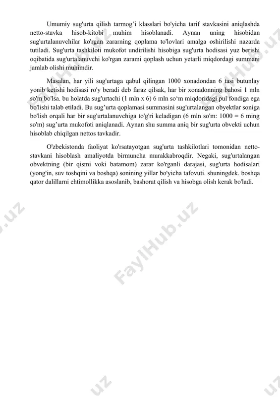 etiladi. mazkur organ tomonidan rixsat berilganidan so'ng sug‘urta tashkiloti o‘zi hisoblab chiqqan sug'urta tarifini qo’llash huquqiga ega bo'ladi. har bir sug'urta shartnomasi bo‘yicha sug’urta tarifining hajmi sug‘urta obyektini tavsiflovchi qator holatlami hisobga olgan holda tomonlaming o'zaro kelishuviga ko'ra belgilanadi. umumiy sug'urta qilish tarmog’i klasslari bo'yicha tarif stavkasini aniqlashda netto-stavka hisob-kitobi muhim hisoblanadi. aynan uning hisobidan sug'urtalanuvchilar ko'rgan zararning qoplama to'lovlari amalga oshirilishi nazarda tutiladi. sug'urta tashkiloti mukofot undirilishi hisobiga sug'urta hodisasi yuz berishi oqibatida sug'urtalanuvchi ko'rgan zarami qoplash uchun yetarli miqdordagi summani jamlab olishi muhimdir. masalan, har yili sug'urtaga qabul qilingan 1000 xonadondan 6 tasi butunlay yonib ketishi hodisasi ro'y beradi deb faraz qilsak, har bir xonadonning bahosi 1 mln so'm bo'lsa. bu holatda sug'urtachi (1 mln x 6) 6 mln so‘m miqdoridagi pul fondiga ega bo'lishi talab etiladi. bu sug’urta qoplamasi summasini sug'urtalangan obyektlar soniga bo'lish orqali har bir sug'urtalanuvchiga to'g'ri keladigan (6 mln so'm: 1000 = 6 ming …