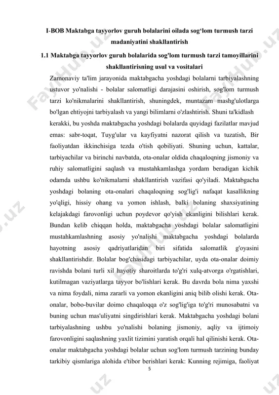 ni tarbiyalash va yangi bilimlarni o'zlashtirish. shuni ta'kidlash kerakki, bu yoshda maktabgacha yoshdagi bolalarda quyidagi fazilatlar mavjud emas: sabr-toqat, tuyg'ular va kayfiyatni nazorat qilish va tuzatish, bir faoliyatdan ikkinchisiga tezda o'tish qobiliyati. shuning uchun, kattalar, tarbiyachilar va birinchi navbatda, ota-onalar oldida chaqaloqning jismoniy va ruhiy salomatligini saqlash va mustahkamlashga yordam beradigan kichik odamda ushbu ko'nikmalarni shakllantirish vazifasi qo'yiladi. maktabgacha yoshdagi bolaning ota-onalari chaqaloqning sog'lig'i nafaqat kasallikning yo'qligi, hissiy ohang va yomon ishlash, balki bolaning shaxsiyatining kelajakdagi farovonligi uchun poydevor qo'yish ekanligini bilishlari kerak. bundan kelib chiqqan holda, maktabgacha yoshdagi bolalar salomatligini mustahkamlashning asosiy yo'nalishi maktabgacha yoshdagi bolalarda hayotning asosiy qadriyatlaridan biri sifatida salomatlik g'oyasini shakllantirishdir. bolalar bog'chasidagi tarbiyachilar, uyda ota-onalar doimiy ravishda bolani turli xil hayotiy sharoitlarda to'g'ri xulq-atvorga o'rgatishlari, kutilmagan vaziyatlarga tayyor bo'lishlari kerak. bu davrda bola nima yaxshi va nima foydali, nima zararli va yomon ekanligini aniq bilib olishi kerak. ota-onalar, bobo-buvilar doimo chaqaloqqa o'z sog'lig'iga to'g'ri munosabatni …