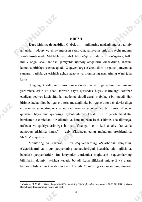 .m. o‘zbekiston respublikasi prezidentining oliy majlisga murojaatnomasi. 28.12.2020//o‘zbekiston respublikasi prezidentining rasmiy veb-sayti.] monitoring va nazorat — bu o‘quvchilarning o‘zlashtirish darajasini, o‘zgarishlarni va o‘quv jarayonining samaradorligini kuzatish, tahlil qilish va baholash jarayonlaridir. bu jarayonlar yordamida o‘qituvchi o‘quvchilarning bilimlarini doimiy ravishda kuzatib boradi, kamchiliklarni aniqlaydi va ularni bartaraf etish uchun kerakli choralarni ko‘radi. monitoring va nazoratning samarali qo‘llanilishi o‘quvchilarning o‘zlashtirish darajasini aniqlash va ularni rivojlantirishda muhim ahamiyatga ega. kurs ishining maqsadi: o‘zbek tilini o‘qitish jarayonida monitoring va nazorat usullarining ahamiyatini tahlil qilish, ularning o‘quv jarayonidagi o‘rni, samarali usullarini o‘rganish va ularga asoslangan metodik tavsiyalarni ishlab chiqishdan iborat. kurs ishida o‘qituvchilarning monitoring va nazoratni qo‘llashda yuzaga keladigan muammolar, ularning yechimlari va bu usullarni samarali tashkil etishning metodik asoslari ko‘rib chiqiladi. kurs ishining ahamiyati: monitoring va nazoratning ta’lim jarayonidagi ahamiyati oshgani sari, o‘qituvchilar uchun ushbu usullarni samarali qo‘llash, o‘quvchilarning bilimini to‘g‘ri baholash va ularga zarur yordam ko‘rsatish imkoniyatlari kengayadi. shuningdek, bu jarayonlar ta’lim sifatini …
