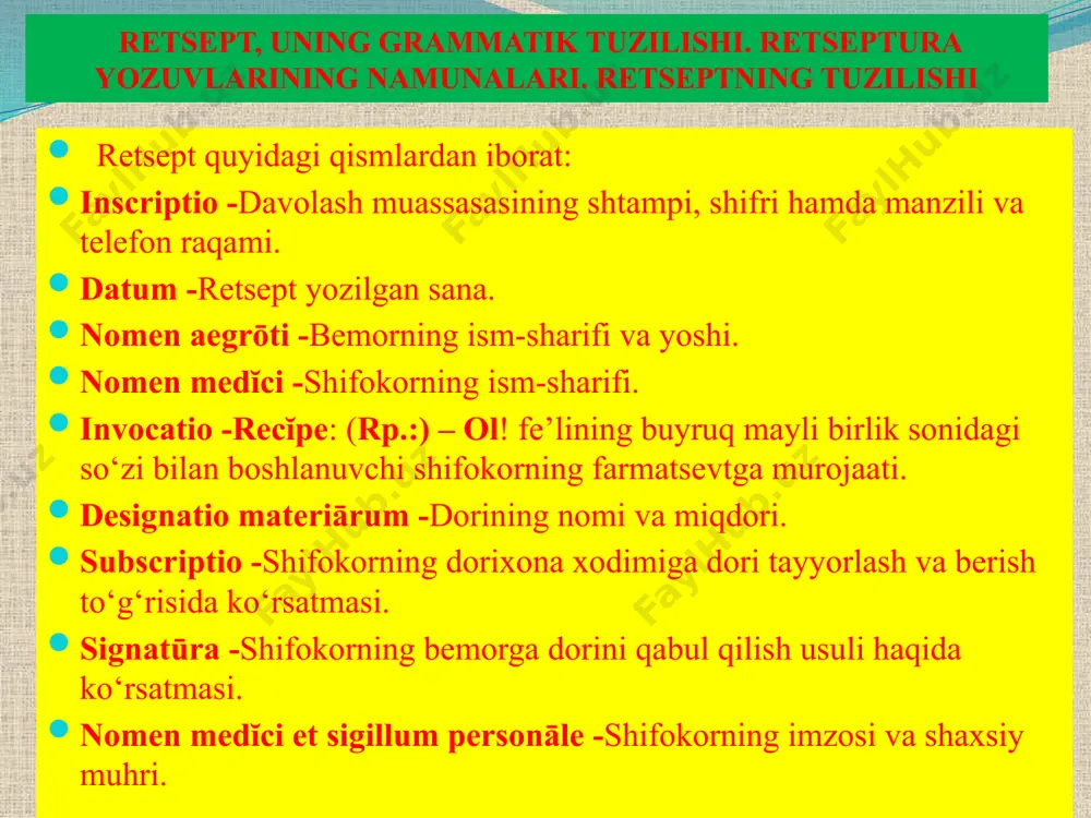 ladi va tomchi miqdori rim raqamlarida ko‘rsatiladi. agar bir tomchi yozish kerak bo‘lsa, guttam i (gttm i); agar ikki va undan ko‘p tomchi yozish kerak bo‘lsa, guttas ii (iii) (gtts ii (iii)) ko‘rinishida yoziladi. masalan: rp.: olei menthae piperitae guttas ііі (gtts iii). ol: qalampir yalpiz moyidan 3 tomchi. rp.: olei menthae piperitae guttam i (gttm i). ol: qalampir yalpiz moyidan 1 tomchi. retsept, uning grammatik tuzilishi. retseptura yozuvlarining namunalari. retseptning tuzilishi 4. ba’zi bir dori vositalari biologik ta’sir birlik (tb)da dozalanishi mumkin, bunday dori miqdorlari yuz minglik yoki millionlik sonlarda ifodalanadi, masalan: rp.: streptomycini 1000000 od ol: streptomitsindan 1 mln. tb. 5. agar ikki va undan ortiq dori vositasi bir xil miqdorda bo‘lsa, dori miqdori so‘nggi dori vositasi nomidan keyin ana (āā) –teng so‘zi yozilgach ko‘rsatiladi. masalan: rp.: tinctūrae valeriānae aethereae tinctūrae convallariae ana 30,0 ol: valeriananing efirli tindirmasidan tiqnoqgulning tindirmasidan teng 30 gramm retsept, uning grammatik tuzilishi. retseptura …