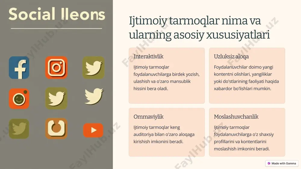 ikrlar, foto va videolarni osongina ulashish imkonini beradi. tarmoqli aloqa ijtimoiy platforma va videokonferensiyalar orqali foydalanuvchilarga bozor, guruhlar va jamoa bilan o'zaro bog'lanish imkoniyati yaratiladi. 5 masofaviy ta'lim va ijtimoiy tarmoqlar virtual darslar videokonferensiyalar orqali o'quvchilar va o'qituvchilar masofa tufayli ham bir-biri bilan muloqot qila oladi. guruhlarda ijodiy muhit ijtimoiy tarmoqlar talabalar uchun birgalikda loyiha ustida ishlash, mazmunli fikr almashish imkonini yaratadi. masofaviy boshqaruv o'qituvchilar videokonferensiyalar va ijtimoiy tarmoqlar orqali sinfdan tashqarida ham o'quvchilar faoliyatini boshqara oladi. 6 ijtimoiy tarmoqlar va kompyuter xavfsizligi 1 shaxsiy ma'lumotlar himoyasi foydalanuvchilar shaxsiy ma'lumotlarini himoya qilish uchun ijtimoiy tarmoqlardagi maxfiylik parametrlarini sozlashlari kerak. 2 kontentni boshqarish foydalanuvchilar ulashayotgan kontentni doimiy ravishda ko'zdan kechirish va nazorat qilishlari lozim. 3 ruxsatsiz kirishlardan himoya foydalanuvchilar parollarni himoyalangan va yaxshi ishlab chiqilgan bo'lishi, hamda ikki omilli autentifikatsiyadan foydalanishlari kerak. 7 yangi tendensiyalar va kelgusidagi rivojlanish yo'nalishlari robotizatsiya chatbotlar va virtual assistentlar ijtimoiy tarmoqlar va videokonferensiyalarda yanada ko'prog' qo'llaniladi. …