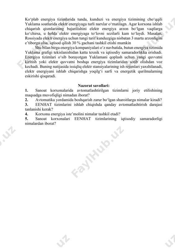 alarni qat’iy, direktiv (ko‘rsatma beradigan) choralar bilan emas, balki ob’ektiv avtomatlashtirilgan hisobga olish asosida ob’ektiv yechishga imkon beradi. xx asrning 90-yillari o‘rtalaridan elektr energiya narxi to‘xtovsiz ortadigan bo‘lib qoldi. deyarli istalgan ishlab chiqariladigan mahsulotning tannarxidagi elektr energiyaning ulushi ham ortib bordi. elektr energiyasidan samarali foydalanish bo‘yicha bir qator qonun va qarorlar qabul qilindi. jumladan, 1997-yilda “energiyadan ratsional foydalanish to‘g‘risida”gi, 2009-yil “elektr energetika to‘g‘isida”gi qonunlar qabul qilinib, hayotga tadbiq etildi. bu sohada qabul qilinayotgan har bir qonun, qaror zamirida avvalo energiya resurlarini tejash, ulardan samarali va oqilona foydalanish maqsadi yotadi. bugungi kunda elektr energiyasi iste’molni samarali boshqarishni differensiallangan tariflar bo‘yicha hisoblashlarni joriy etishsiz amalga oshirish mumkin emas. sutka zonalari bo‘yicha differensiallangan tariflarni kiritish sutka vaqtiga bog‘liq elektr energiya iste’moliga turli tariflarni ishlatilishini nazarda tutadi. energiya tizimlarida sutka davomida elektr energiya iste’moli notekis va qoidaga ko‘ra, elektr energiya uchta: kam iste’mol qilish rejimi, o‘rta iste’mol qilish rejimi va maksimal iste’mol qilish rejimlariga …