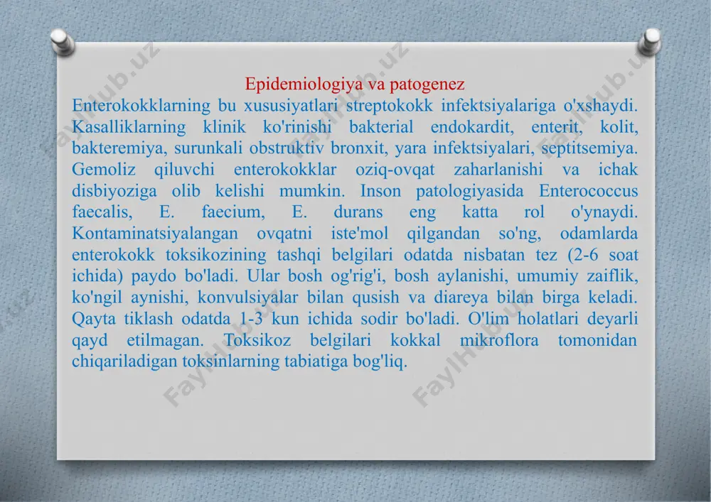 siyalarining oldini olish boshqa oziq-ovqat toksik infektsiyalari bilan bir xil bo'lib, oziq-ovqat mahsulotlari va tayyor ovqatlarni to'g'ri saqlash, tashish, sotish va tayyorlash talablariga, shuningdek, oziq-ovqat mahsulotlariga xizmat ko'rsatuvchi xodimlarning shaxsiy gigiena qoidalariga rioya qilishdan iborat. sanoat va umumiy ovqatlanish korxonalari. enterokokklar (lot. enterococcus)—hamma joyda tarqalgan grammusbat bakteriyalar turkumi . enterokokklar inson mikrobiotasining eng muhim vakillari hisoblanadi enterokokklar, bir tomondan, siydik yo'llari infektsiyalari, qorin bo'shlig'i infektsiyalari, tos a'zolari infektsiyalari, yara infektsiyalari, endokarditlarning qo'zg'atuvchisi bo'lib, ular kasalxona ichidagi infektsiyalarning sezilarli qismini (barcha kasalxona ichidagi siydik yo'llari infektsiyalarining 6%, 12%) tashkil qiladi. yara infektsiyalari va 9%- nozokomial qon oqimi infektsiyalari). boshqa tomondan, enterokokklar odamlar va ko'plab umurtqali hayvonlarning oshqozon-ichak traktining normal mikroflorasining bir qismi bo'lib, shilliq qavatning kolonizatsiyaga chidamliligini ta'minlashda muhim rol o'ynaydi. enterokokklar asosan ingichka ichakni kolonizatsiya qiladi, ammo sezilarli miqdorda yo'g'on ichakda, gubkasimon uretrada, jinsiy a'zolarda va ba'zan og'iz bo'shlig'ida ham uchraydi. enterokokklarningantibiotiklarga chidamliligi so'nggi o'ttiz yil ichida enterokokklar deyarli barcha …