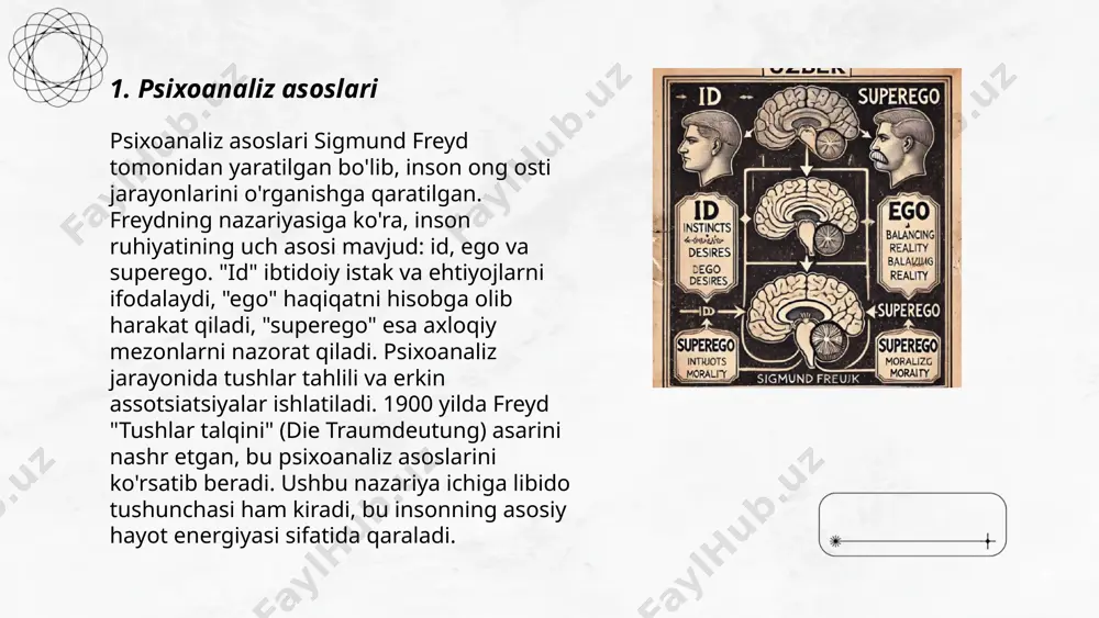 tress darajasi, ovqatlanish va gormonal o‘zgarishlarga ta'sir ko‘rsatadi. libido yoshga, jinsiy gormonlar darajasiga va hayot tarziga qarab o‘zgaradi. ayollarda libido estradiol va testosteron gormonlari bilan boshqariladi, erkaklarda esa testosteron asosiy o‘rinda turadi. rivojlanish davrida libido o‘sib boradi va odatda o‘smirlikdan boshlab katta yoshda ham o‘zgarib turishi mumkin. tadqiqotlar libidoni fiziologik sabablar, psixologik holatlar hamda ijtimoiy omillar ta'sirida aniqlanib, turlicha bo‘lishini ko‘rsatadi. ... t.me/slaydai_bot 7. himoya mexanizmlari himoya mexanizmlari psixologiyada odamlarning stress yoki noqulay his-tuyg'ulardan himoyalanish uchun qo'llaniladigan strategiyalardir. sigmund freud tomonidan taklif etilgan bu mexanizmlar orasida inkor qilish, reaksiya hosil qilish, vajdon azobidan qochish, intizorlik va tush ko'rishni tuzatish kabi usullar mavjud. masalan, inkor qilish - odam haqiqatni qabul qilishdan bosh tortishi. bu mexanizmlar odamning ruhiy salomatligini himoya qilishga yordam beradi, biroq uzoq muddatli chora sifatida salbiy ta'sir ko'rsatishi mumkin. shaxsiy muammolarni yanada chuqurroq anglab yetishda bu mexanizmlarni anglash va boshqarish muhimdir. ... t.me/slaydai_bot bolalik davridagi tajribalar insonning kelgusi hayotiga …