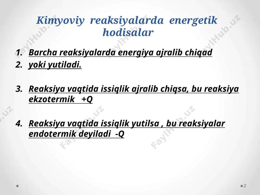 1 chi reaksiyaning effektiga teng: 65 кj + 69 кj = 131 кj 12 entalpiya entalpiya moddaning yoki sistemaning issiqlik tutimi . modda hosil bo’lishida u to’planadi. entalpiya -issiqlik saqlami - ∆ н=q ∆ н = -q 13 entalpiya va issiqlik effekti ishoralari qarama- qarshi ekzotermik reasiyalarda , issiqlik chiqqanda ∆н manfiy - endotermik reaksiyalarda issiqlik yutilishida ∆h musbat + 14 h2(g) + cl2(g)=2hcl(g) eh-h = 436 кj/mol, еcl-cl = 240 кj/mol, eh-cl=430 кj/mol, qp = 2 ∙ 430 – (1 ∙ 436 + 1 ∙ 240) = 184 кj. qoh. qdast. 15 issiqlik effektini hisoblash uchun reksiyada ishtiroq etadigan barcha moddalarning hosil bolish issiqligi qiymatlari ishlatiladi.( dastlabki va hosil bo’lgan ). standart hosil bo’lish issiqligi (q h.) stangart sharoitda (–25 ˚с, 1 аtm.)da o’lchangan hosil bo’lish issiqligi. 16 reaksiyaning issiqlik effekti qanday hisoblanadi kimyoviy reaksiyalarning issiqlik effektini hisoblashda standart hosil bo’lish issiqligi qiymatidan foydalaniladi.(reaksiya natijasida hosil bo’lgan moddalar, hosil …