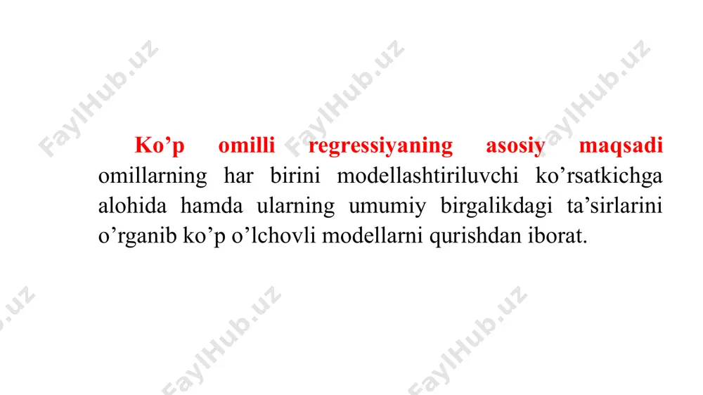 chun regressiya tenglamasiga kiritiladigan mohiyatli omillarni tanlash katta ahamiyatga egadir. ko'p omilli regressiya tenglamasida o'zaro kuchli chiziqli korrelyatsion bog'langan omillar bir vaqtda ishtirok etmasligi kerak. chunki ular regressiya tenglamasida bir-birini ma'lum darajada takrorlab, natijada regressiya va korrelyatsiya ko'rsatkichlarining buzilishiga sababchi bo'ladi. shu sababli, tanlangan omillar ichida o'zaro kuchli chiziqli korrelyatsion bog'lanishda bo'lgan omillardan ba'zilarini regressiya tenglamasiga kiritmaydi. buning uchun chiziqli juft korrelyatsiya koeffitsientlarining matritsasi tuziladi. 15 2. chiziqli va chiziqsiz ko’p omilli regression bog’lanishlar. regression taxlil asosida tanlangan omillar asosida bog’lanish turi aniqlanadi. natijaviy ko’rsatkich y va unga ta’sir etuvchi omillar guruxi , , , … bog’lanish turini umumiy ko’rinishini quyidagi funktsiya yordamida ifodalash mumkin: analitik ifodalarining ko’rinishiga qarab bog’lanishlar to’g’ri chiziqli (yoki umuman chiziqli) va egri chiziqli (yoki chiziqsiz) bo’ladi. agar bog’lanishning tenglamasida omil belgilar (, , , … ) faqat birinchi daraja bilan ishtirok etib, ularning yuqori darajalari va aralash ko’paytmalari qatnashmasa, ya’ni ko’rinishda bo’lsa, chiziqli bog’lanish yoki …