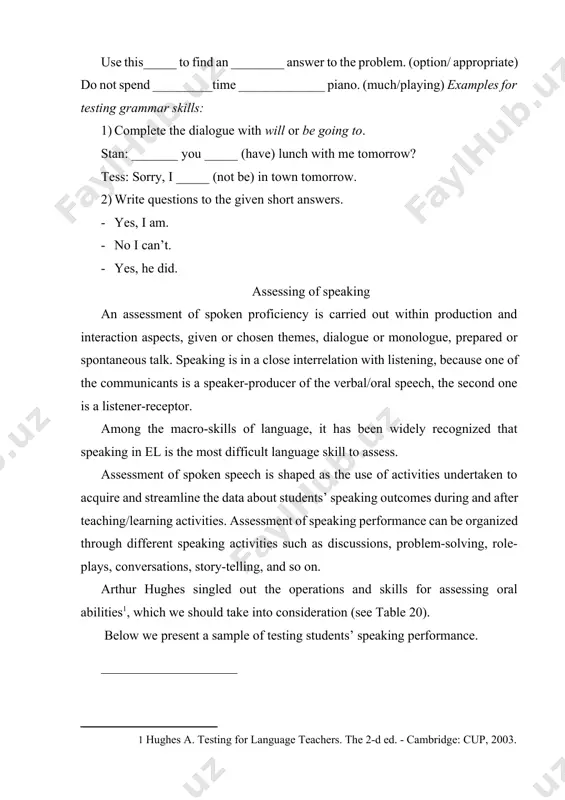 uggested: 1) linguistically-oriented, 2) communication-oriented, 3) situation-based.[footnoteref:2] [2: luoma s. developing speaking tasks. in assessing speaking. -cambridge: cup, 2004. -pp. 139-169. ] 1. linguistically-oriented framework concerns vocabulary, grammar and pronunciation. this work/goal can be carried out/achieved by structured speaking tasks, and short-answer questions, reacting to phrases tasks. structured speaking tasks are typically used to evaluate pronunciation, spoken vocabulary and spoken grammar skills. short-answer questions and reactions to phrases can also be used to evaluate overall understanding and comprehensibility. short-answer questions test shows comprehension of questions and ability to give relevant information in response. the difference between this and more extended simulations is that the questions and answers are limited and all the information needed for answering the questions is usually provided in the task materials. reacting to phrases is another structured task which is often used in tape-based tests. the task usually tests the examinees’ knowledge of conventional politeness exchanges …