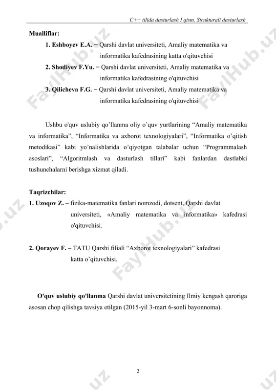 n foydalanish 633.3. bobga doir qiyinroq masalalar 75iv bob. massivlar 754.1. dasturlashda bir o’lchovli massivlarni qo’llash 914.2. ko‘p o‘lchovli massivlar 1014.3. bobga doir qiyinroq masalalar 111v bob. belgilar va satrlar 1115.1. belgilar 1135.2. satrlar 1245.3. bobga doir qiyinroq masalalar 127vi bob. funksiyalar 1296.1. sonli parametrli funksiyalar 1396.2. funksiyalarda ko’rsatkichlar va murojaatlar 1436.3. rekursiya 1466.4. bobga doir qiyinroq masalalar 151vii bob. fayllar bilan ishlash 1527.1. sonli va satrli fayllar 1637.2. matnli fayllar 1697.3. bobga doir qiyinroq masalalar 177viii bob. funksiyalarda ma`lumotlarning murakkab turlari 1778.1. bir va ikki o‘lchovli massivlar bilan ishlashda funksiyalardan foydalanish 1838.2. satrlar va fayllarga doir masalalarni yechishda funksiyalardan foydalanish 1898.3. strukturalar 1968.4. bobga doir qiyinroq masalalar 203ilova: math.h kutubxonasining funksiyalari 205foydalanilgan adabiyotlar va internet resurslari: ushbu kitob marhum ustozlarimiz i.t.ravshanov va g'.q.karimovlarning xotirasiga bag'ishlanadi. so’z boshi dastur mashina kodlarining ketma-ketligi bo‘lib, u aniq bir hisoblash jarayonini amalga oshiradi. shuning uchun ham dasturiy vositalarni ishlab chiqishni soddalashtirish maqsadida ko'plab …
