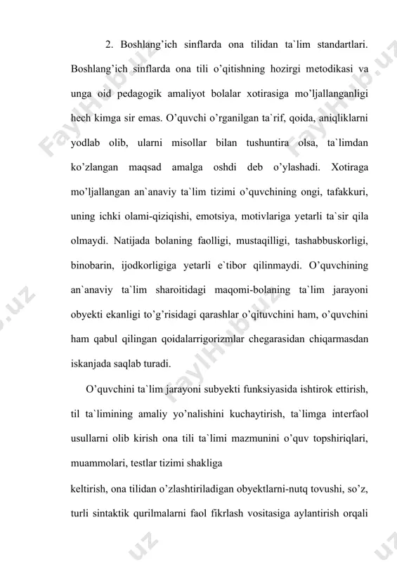 ma xususidagi ma`lumotlarni o’zlashtiradi. ikkinchi yo’nalish. ona tilidan ilk ilmiy axborotlarni o’zlashtirish nutq ko’nikmalarini shakllantirish bilan uzviy aloqadorlikda davom ettiriladi. ona tilida aytish va aytganlarni yozma nutq vositasida qayd etish, gapirish va eshitish, fikrni nutq vositasida ro’yobga chiqarish ehtiyoji o’quvchilarda turli nutq ko’nikmalarini shakllantirish, ularni malaka darajasiga ko’tarish imkoniyatlarini yuzaga chiqaradi. boshlang’ich sinflarning ona tili o’quv prеdmеti bo’yicha hosil qilinadigan ko’nikma-malakalar quyidagi guruhlarga ajratib tahlil qilinadi. 1. fonеmatik eshitish malakalari-nutq tovushini so’z tarkibida to’g’ri ijro etish va eshitish, nutq tovushlariga ko’ra so’z ma`nolarini farqlash, urg’uli va urg’usiz bo’g’inlarni talaffuz qilish, so’zlarni bo’g’inlar kеtma-kеtligida aytish va eshitish layoqatlari. 2. grafik malakalar-har bir nutq tovushini o’ziga oid harf va bеlgilar bilan yozish dеmak. 3.orfografik malakalar-so’z va uning tarkibiy qismlari o’zak va nеgizni, yasovchi, turlovchi, tuslovchi qo’shimchalarni ajratib va qo’shib yoziladigan so’z, so’z birikmalarini, atoqli otlarni orfografik qoidalar doirasida yozish. 4. uslubiy malakalar-so’z va uning tarkibiy qismlarini matnda ortiqcha takrorlamasdan, gap tarkibida gap …