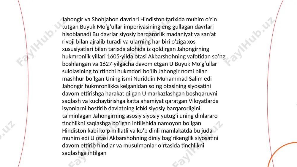 tizimi qishloq xo‘jaligi mahsulotlaridan olinadigan daromadni tizimli ravishda davlat xazinasiga yetkazib bergan. ushbu soliq tizimi yer egaligini tartibga solib, dehqonlarni davlat oldida mas’uliyatli bo‘lishga undagan. bu tizim jahongir va shohjahon davrida ham davom ettirilib, davlat daromadlarining asosiy manbaiga aylangan. shu bilan birga imperiya ichida hunarmandchilik va sanoatning ayrim tarmoqlari ham rivojlangan. jumladan, ipak matolar, zargarlik buyumlari va yog‘och o‘ymakorligi buyuk mo‘g‘ullar davrida yuksak darajaga erishgan. ushbu mahsulotlar nafaqat ichki bozorlar, balki tashqi bozorlarda ham katta talabga ega bo‘lgan. savdogarlar va hunarmandlar uchun yaratilgan imkoniyatlar iqtisodiyotning rivojlanishiga xizmat qilgan. ... t.me/slaydai_bot 7. akbar davrida imperiyaning kengayishi akbar davrida (1556-1605) hindiston imperiyasi sezilarli darajada kengaydi. u 1556 yilda taxtga o'tirganda, imperiya faqat shimoliy hindistonda cheklangan edi. akbar panipat jangidan so'ng delhi va agrani qo'lga kiritdi. keyinchalik rajput janglarida muvaffaqiyat qozonib, rajputana hududlarini imperiyaga qo'shdi. 1576 yilda chittor jangida rajputlar mag'lubiyatga uchradi. dekkan hududlariga ham kengayishlar bo'ldi. 1590-yilda bengal va bihar, keyin esa …