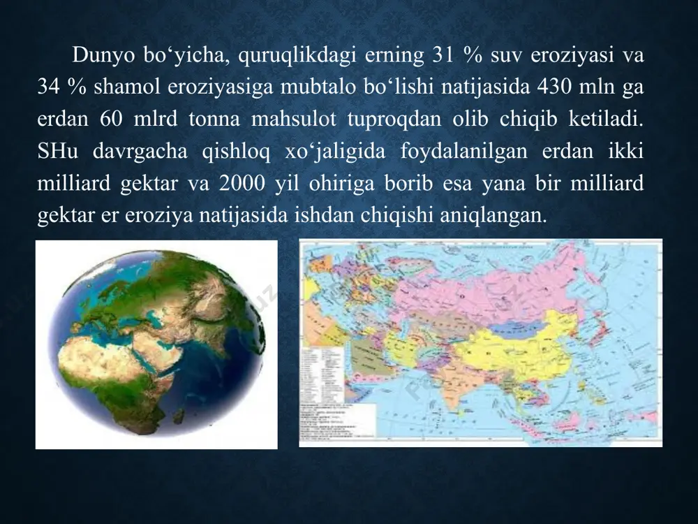 yasi. eroziyaning bu turi sobiq ittifok territoriyasida, shu jumladan o‘rta osiyoda keng tarqalgan bo‘lib, qishloq xo‘jaligiga yaroqli er fondining kamayib ketishiga sababchi bo‘ldi hamda katta zarar keltirdi. undan tashqari, sug‘oriladigan rayonlarda jarliklarga yaqin bo‘lgan maydonlarda, tuproqning gidrologik holati ham yomonlashadi va unumdorligi pasayib, natijada ekinlar hosili ham keskin kamayib ketadi. x. maxsudov, t. xoshimov, a. nig‘matov keltirib o‘tgan ilmiy ma’lumotlariga ko‘ra jarliklar ta’siri kuchsiz yoki kam bo‘lgan maydonlarda paxta hosilining ko‘payishi, jarga yaqin erlarda esa hosilning kamayishi qayd etiladi qishloq xo’jaligida jarlanish eroziyasi ham juda katta ziyon keltiradi. mamlakatimizda jarliklar bilan egallangan maydonlar juda ko’p (5,0 mln. ga dan ko’proq). jarlanish hodisasi keltiradigan zararni tasavvur etish uchun quyidagi raqamni ko’rsatish kifoya: uzunligi ellik, tubi to’rt, eni ikki yarim metr keladigan chuqurlik (jar) hosil bo’lganda 650 tonna tuproq oqib ketadi. bundan tashqari yana ancha miqdorda oziq moddalar yo’q bo’ladi. uni o’rnini to’ldirish uchun 20 pritsep (traktor) go’ng 3-4 pritsep turli mineral …