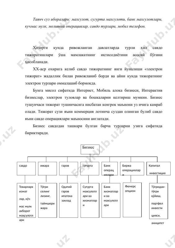 нишларда : · валюта бозорларида ; · қимматбахо метал бозорида ва қимматбахо табиий тошлар; · пул бозорида; · қиммат баҳо қоғоз бозори; · кредит бозорида сотиш учун мўлжалланган бўлади; банк махсулотлари савдоси тижорат банкларида, кридит ташкилотларида, биржаларда(валюта, фонд, фьючер) амалга оширилади. суғурта махсулоти- бу расмий суғурталанган ҳимоя муҳити ҳисобланади. суғурта махсулоти таркибига суғурта шартномаси ва сугурта гувохномаси(полис), яшил карта, пенсия шартномалари киради. сугурта шартномаси ва сугурта гувохномаси, яшил карта. жамият унинг савдо предмети хисобланади, пенсия шартномаси эса нодавлат пенсия фонди савдо предмети хисобланади. кучмас мулк- бу шундай худудки унинг остида жайлашган табиий захиралар, (минераллар, сувлар), бинолар ва уларнинг жихозлари билан биргаликда тушунилади. кучмас мулк конунларига кура бошка нарсалар хам таълукли булиши мумкин(квартиралар, ташкилотлар…). савдо ва унинг турлари савдо икки куринишда акс этади: 1. савдо- бу мехнат таксимоти жамоасининг тизимлар звеноси. 2. савдо- бу сотувчи товарнинг харидаор пулига алмаштириш жараёни; биринчи савдо формаси харидар билан сотувчи, харидар билан сотувчи ва кассир …