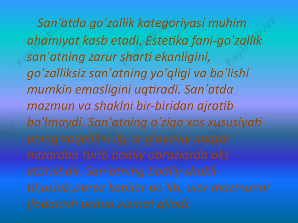 r kimki rasmdagi har bir chiziqqa jon bag`ishlay olar ekan, u san’at kalitini egallagan bo`ladi”. naqqosh maoniy. naqsh- arabcha tasvir, gul degan ma’noni anglatadi. shuningdek, qush, hayvon, o’simlik, geometrik shakllar va boshqa elementlarni ma’lum tartibda takrorlanishdan hosil qilingan bezakdir. o’zbekiston hududidagi arxeologik qazilmalardan xorazm, so’g’d, baqtriya viloyatlarida naqsh san’atining rivojlanganligi ma’lum. o’zbek naqqoshlari, asosan, ko’k, zangori, yashil, sariq, qizil, oq, qora ranglar bilan naqsh ishlaydilar. naqqoshlik san’ati “nizomi”ning yozilishi va bizgacha yetib kelishi bu san’at turining uzoq tarixini, unga izchil amal qilinganini, binolar va kitoblarni badiiy bezashda, o’ymakorlikda keng o’rin egallaganini ko’rsatib turibdi. xattotlik san’ati. go’zallik qonunlariga rioya qilib ishlangan qo’lyozma kitoblar “nafis kitob” va xattotlik san’ati deb yuritilgan. mashhur xattot ali tabriziy (1330-1404-y.) nasta’liq xatini kashf qildi. mashhur xattot, naqqosh, shoir bo’lgan sulton ali mashhadiy ko’chirgan nizomiy, attor, sa’diy, jomiy, navoiyning nafis kitoblari jahon kutubxonalarida hozir ham nodir san’at asarlari sifatida e’zozlab saqlanadi. notiqlik san`ati. “ nutq- qudratli kuch, …