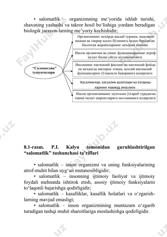 i xuddi shu modelga taalluqlidir . haqiqatan ham, jahon sog‘liqni saqlash tashkilotining 1946 yilda qabul qilingan nizomining muqaddimasida salomatlik “inson organizmining organlari va tizimlari uni o‘rab turgan ishlab chiqarish va ijtimoiy muhit bilan mutanosib bo‘lganida to‘la jismoniy, ma’naviy, ijtimoiy sog‘ligining holati” sifatida talqin etadi. ushbu tushunchada salomatlikning uchta: jismoniy, ruhiy va ijtimoiy tarkibiy xususiyatlari qamrab olingan (8.2-rasm). 8.2-rasm. salomatlikning tarkibiy qismlari jismoniy salomatlik – organizm barcha organlari va tizim-lari me’yorida amal etib turgan tabiiy holatdir. ruhiy salomatlik deganda, fikrlash darajasi va sifati, diqqat, xotira hamda irodaning rivojlanganligi, hissiy barqarorlik darajasi anglanadi. ijtimoiy salomatlik inson ijtimoiy hayoti asosini tashkil etadigan axloq tamoyillari asosida belgilanadi, ya’ni bu insonning muayyan jamiyatdagi hayot faoliyatidir. mazkur xislatlar, eng avvalo, insonning mehnatga munosabati, axloq va turmush tarziga zid xulq va odatlarga faol qarshi turishi nazarda tutiladi. tibbiy-sanitariya statistikasida shaxsiy darajadagi salomat-lik deganda, insonda kasalliklarning mavjud emasligi, jamiyat darajasida esa – o‘lim, kasallanish va nogironlik darajasining pasayish …