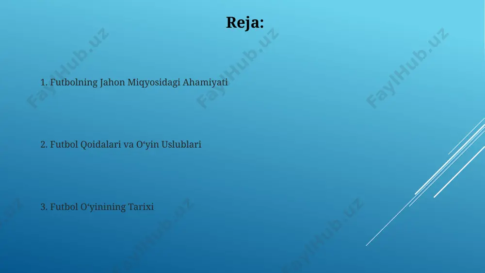 aratilgan bo‘lib, bu o‘yinning 70%ini egallaydi. futbol qoidalari to'pning o'lchami 5 dan 6 gacha bo'lishi, vazni esa 410 dan 450 grammgacha bo'lishi shart. o'yin davomida to'pning holati hakam tomonidan kuzatiladi. o'yin davomida har bir jamoa maksimal 3 ta o'zgartirish qilish huquqiga ega, qo'shimcha vaqtda esa yana 1 ta o'zgartirish mumkin. futbolning jamiyatdagi roli futbol muxlislari soni dunyo bo'ylab milliardlab hisoblanadi, bu esa sportning global madaniy ta'sirini va turli xalqlar orasidagi aloqani kuchaytiradi. futbol jamoaviy ruhni mustahkamlaydi, 11 nafar o'yinchi birgalikda g'alabaga erishish uchun strategiya va jamoaviy harakatlarni muvofiqlashtiradi, bu esa jamiyatdagi hamkorlik va birdamlikka ijobiy ta'sir ko'rsatadi. e'tiboringiz uchun rahmat @taqdimot_robot image1.jpg image2.jpg image3.jpg image4.jpg image5.jpg image6.jpg image7.jpg