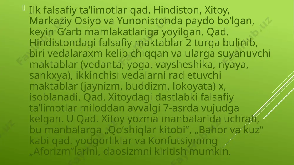 tgan fandir. sharq falsafasi atamasi bilan osiyo qitʼasida paydo boʻlgan falsafiy oqimlar, qarashlar majmuasi nomlanadi. sharq falsafasiga hind, xitoy, fors, yapon, koreys hamda oʻrta osiyo falsafasi kiradi. bu roʻyxatga baʼzan bobil va arab falsafasi ham kiritiladi, biroq bular gʻarb falsafasiga ham taalluqlidirlar. koʻpgina jamiyatlar falsafiy muammolarni koʻrib chiqishdi va boshqa jamiyatlar ishlari asosida oʻz falsafiy anʼanalarini qurishdi. masalan, yaqin sharq falsafasi gʻarb falsafasi taʼsiri ostida boʻldi. rus (baʼzilar buni gʻarb falsafasiga taalluqli, deb koʻrishadi), yahudiy, islomiy, afrika va baʼzi lotin amerikasi falsafiy anʼanalari gʻarb falsafasidan taʼsirlanishdi; biroq, oʻzlarining aslliklarini ham yoʻqotishmadi.bu anʼanalar orasidagi farqlar xush koʻrilgan tarixiy faylasuflar, gʻoyalar, uslublar yoki tillar bilan aniqlanadi. ularni bir-biriga tegishli metodlar bilan oʻrgansa boʻladi va ular orasida sezilarli umumiyliklar bor. falsafaning mohiyati - bu “olam-odam” tizimidagi umumiy muammolar ustida fikr-mulohaza yuritishdan iboratdir. falsafa ichki jihatdan ixtisoslashmagan, kundalik hayotda mavjud bo’lgan bilimlar bilan bog’liqdir. bunday aloqa eng avvalo falsafaning tilida namoyon bo’ladi. falsafaning tili …
