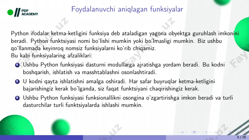 func3() natija: 7 agar siz x o‘zgaruvchisiga funktsiyadan tashqarida ishlatishga harakat qilsangiz, qila olmaysiz. masalan quyidagicha 5 print(x) 10 / 25 global amal qilish sohasi python funktsiyasidan tashqarida o’zgaruvchini yoki boshqa biror narsani e’lon qilganingizda, u global miqyosga ega. bu shuni anglatadiki, u dasturning hamma joyida ko’rinadi. 1 y=7 2 def func4 (): 3 print(y) 4 func4() natija: 7 11 / 25 biroq, siz uning qiymatini local doirada (bu yerda, funksiya ichida) o‘zgartira olmaysiz. buning uchun global kalit so‘zidan foydalanib, funksiya ichida uni global deb e’lon qilishingiz kerak. 1 y = 7 2 def func4 (): 3 global y 4 y += 1 5 print(y) 6 func4() natija: 8 endi y qiymatini funksiya tashqarisida chop qilsak, u holda qiymati o‘zgaradi. 7 print(y) natija: 8 12 / 25 o‘zgaruvchilarining xotirada saqlanish davri python funksiyasi ichida e’lon qilingan o’zgaruvchi funksiya bajarilishini to’xtatgandan so’ng yo’q qilinadi. shunday qilib, funksiya keyingi safar chaqirilganda, u …