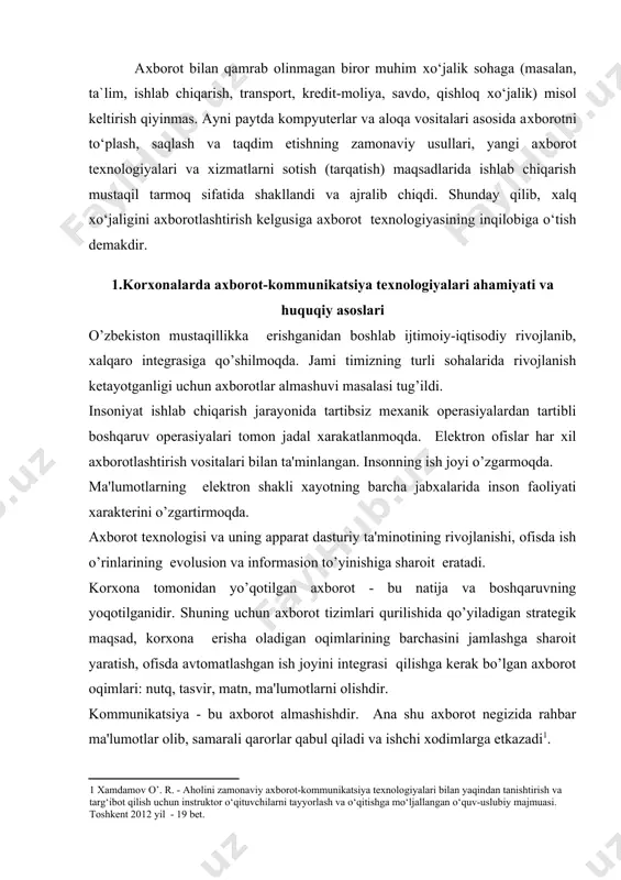 o’rinishi 2 – rasmda ko’rsatilgan. shape \* mergeformat 2 - rasm. internet tizimi. 2-rasmda internet tizimi ko’rsatilgan. bunda, internet tarmogi “web server” orqali mijozlarni bir-biriga ulidi va unga ulangan barcha kompyuterlarning o’zaro ma’lumotlar almashish imkoniyatini yaratib beradi. internet tarmog’ining har bir mijozi o’zining shaxsiy kompyuteri orqali boshqa shahar yoki mamlakatga axborot uzatishi mumkin. bu esa axborot alamasish tiziminining tezligini ko’rsatadi. masalan, vashingtondagi kongress kutubxonasi katalogini ko’rib chiqish, n’yu-yorkdagi metropoliten muzeyining oxirgi ko’rgazmasiga qo’yilgan suratlar bilan tanishish, xalqaro anjumanlarda ishtirok etish, bank muomalalarini amalga oshirishi va hatto boshqa mamlakatlarda istiqomat qiluvchi internet tarmog’i mijozlari bilan shaxmat o’ynash mumkin. “web server” tizimi hozirgi kunda ko’rinishi 3 – rasmda ko’rsatilgan. shape \* mergeformat 3 - rasm. “web server” tizimi. 3 –rasmda “web server” bir qancha kompyuterlar bir tarmoqqa birlashtirib. ularning o’zaro aloqa almashishga ko’maklashadi. web serverda (kompyuterda) bir qancha tashkilot yoki korxonalarning web saytlari (uzellari) web sahifalari joylashishi ham mumkin. web server tushunchasini …