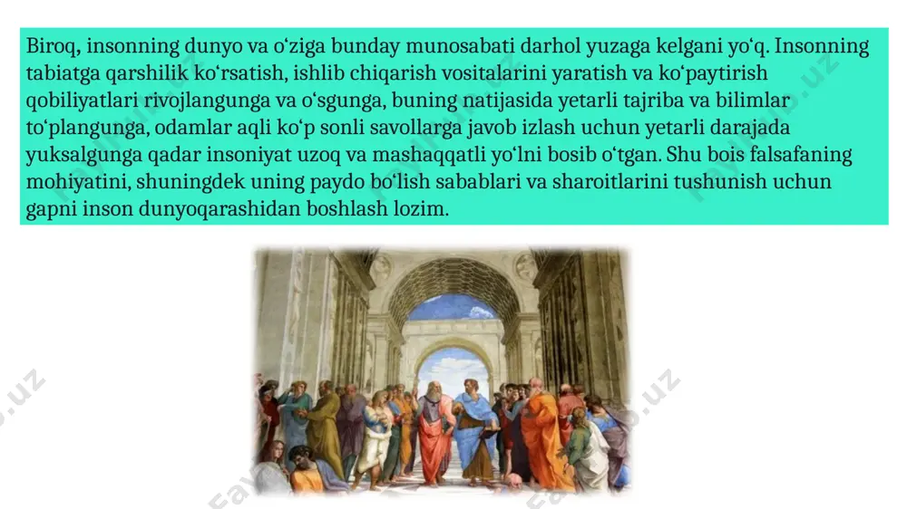 an tarzda yondashadigan har bir odamning dunyoqarashi, savollari va javoblari doim shaxsiy o‘ziga xoslik bilan ajralib turadi va hech bo‘lmasa shu sababga ko‘ra boshqa odamlar dunyoqarashiga hech qachon o‘xshamaydi. dunyoqarashda intellektual, emotsional va ruhiy asoslar uzviy bog‘liq bo‘lib, , ular jamuljam holda har bir inson uchun mutlaqo muayyan, individual xususiyatlar sifatida amal qiladi. intellektual, emotsional va ruhiy asoslar iroda bilan uyg‘unlikda e’tiqodlar – odamlar faol qabul qiladigan, ularning ong darajasi va hayotdagi mo‘ljallariga mos keladigan qarashlarni yuzaga keltiradi. falsafaning asosiy funksiyalari falsafani jamiyat hayotida katta va betakror rol o‘ynashi uning bajaradigan asosiy funksiyalarida yanada aniqroq namoyon bo‘ladi. uning asosiy funksiyalari quyidagilardir: 1) dunyoqarashlik funksiyasi; 2) ontologik funksiyasi; 3) metodologik funksiyasi; 4) gnoseologik funksiyasi; 5) ijtimoiy funksiyasi; 6) aksiologik funksiyasi; 7) evristik funksiyasi. «dunyoqarash» tushunchasi har bir kishining dunyoga nisbatan o‘z qarashi, o‘zi va o‘zgalar, hayot va olam to‘g‘risidagi tasavvurlari, xulosalari bo‘ladi. dunyoqarash – insonning olamni bir-butun yoki turli tuman holda …