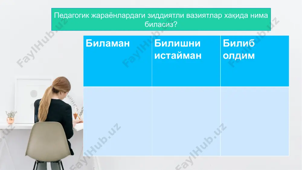 жанжал кўтаради. 6. бировларга тақлид натижасида юзага келадиган конфликтлар. болалар ёки ёшлар ўзидан катта кишиларга, баъзан кино актёрларга ва бошқа севимли қахрамонларга тақлид қилиб синфдаги тартибинтизомга, ахлоқ нормаларига риоя қилишни истамайдилар. сиз нима деб ўйлайсиз, яна қандай тоифадаги ўқувчилар низоларни келтириб чиқариши мумкин? изоҳ сиздан... d d d d d 4-в синф ўқувчиси жисмонан кучли бўлиб, у ўз атрофига бир нечта тенгдошларни тўплаб, бутун синф жамоасини ўзига бўйсундиради. айниқса, шу синфдаги “аълочи” бир нечта ўқувчини улар таъқиб остига олишади. бу асосан уларни қизлар олдида жисмонан ва руҳан камситиш, дарсдан кейин - кўчади “жазолаш”, пул талаб қилиш ва бошқа салбий хатти-ҳаракатлар билан намоён бўлар эди. сиз педагог сифатида бу муаммога қандай ечим топасиз? кейс топшириқ s w o t strengths weaknesses opportunities threats кучли томони заиф томони имконияти хавф хатар thank you for attention image3.jpeg image7.png image8.png image9.png image10.png image11.png image12.png image13.png image14.png image15.png image16.png image17.png image18.png image2.jpeg image19.jpeg image8.svg image20.png …