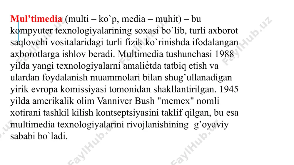 rishi mumkin bo`lgan interfaol, komp’yuterda ishlangan mahsulot. virtual haqiqiylik tizimi deganda – biz imitatsion dasturiy va texnik vositalar deb qabul qilamiz. multimedia maxsulotlarini pedagogik jaraѐnda foydalanishning ikki xil yo`lda amalga oshirish mumkin. mul’timedia texnologiyalari asosan ikki tarkibiy qismdan iborat: apparat va dasturiy vositalar mul’timedia ilovasini loyixalashning boshlang’ich bosqichida materialni qamrab olish modeli quyidagilarga imkon beradi: mul’timedia fayllari formatlari mul’timedia tizimlari 3d texnologiyalar mul’timedia vositalari apparat va dasturlar to’plami bo’lib, u insonga o’zi uchun tabiy bo’lgan juda turli tuman muhitlarni: tovush, video, grafika, matnlar, animasiualarni ishlatgan holda komp’yuter animasiyalarni ishlatgan holda komp’yuter bilan muloqot qilish imkonini beradi. mul’timedia sohasida 3d texnologiyalarning kirib kelishi bu sohada yangi davrni boshlab berdi. “d” atamasi inglizcha “dimensions” so`zidan olingan bo`lib, “o`lchamlar” ma`nosini beradi. ta`kidlash joizki, 3d texnologiyasi tasvirni vizual va tovushli uzatib berishning dunyodagi eng ilg’or usulidir. 3d printerlar - uch o`lchamli chizmalar asosida narsa-buyumlar "chop etuvchi" printerlardir. hozircha bu kabi ishlanmalar tor doirada amalga …