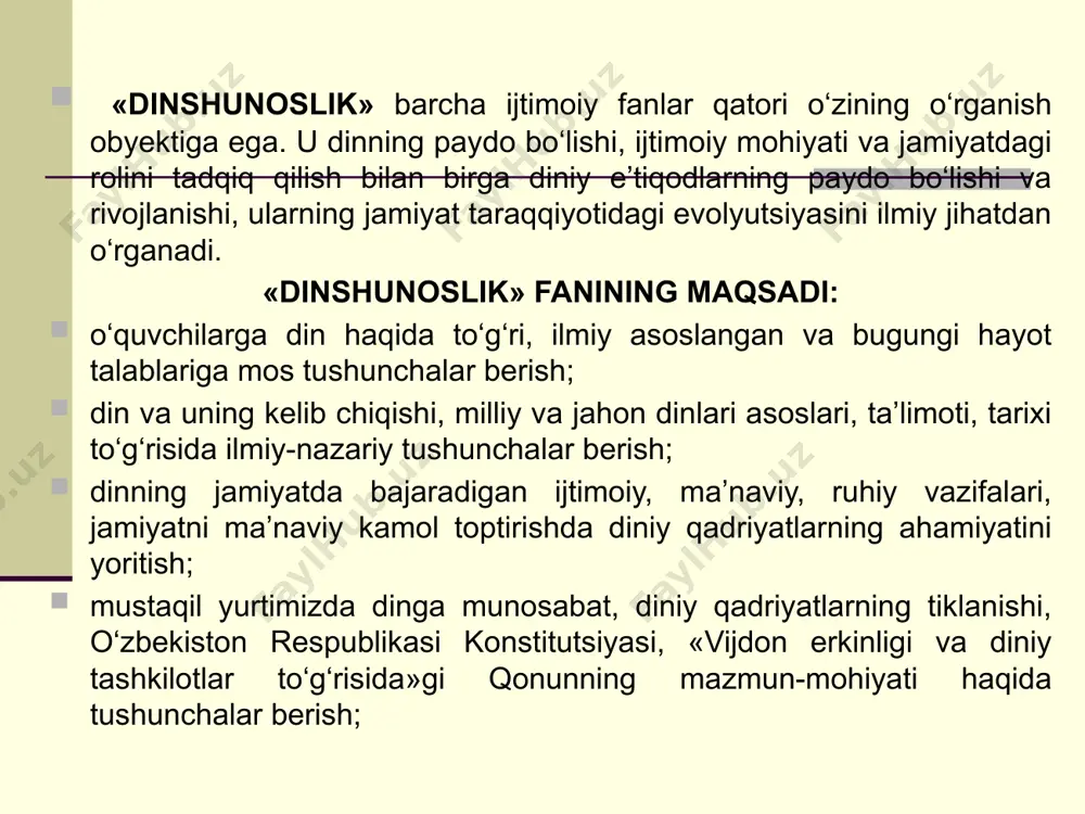 voz kechgan inson nirvana holatiga erishgach, abadiy rohatda bo‘lishini ta’kidlaydi. shuningdek, xristianlikda har bir xristian iso masihning qaytishiga umid qilgan holda hayotning turli muammolarini yengib, sabr-bardosh bilan hayot kechiradi. chunki xristianlik iso masih qaytib kelgach, barcha izdoshlarini saodatli hayotga yetkazishi haqidagi ta’limotni ilgari suradi. shuningdek, islom dinida ham har bir musulmon bu dunyoda erishmagan moddiy yoki ruhiy orzu-istaklariga oxiratda erishishga ishongan holda dunyo orzu-havaslariga ortiqcha berilmay, turmush mashaqqatlariga sabr qiladi. 3. muayyan din o‘z ta’limot tizimini vujudga keltirgach, o‘ziga e’tiqod qiluvchilar jamoasini shu ta’limot doirasida saqlashga harakat qilgan va hozirda ham shunday. bu ijtimoiy hodisa dinning birlashtiruvchilik – integratorlik vazifasi deb ataladi. din hamisha muayyan ijtimoiy, etnik va ma’naviy hayotni qamrab olishga intiladi. buning muntazamligini ta’minlash maqsadida din xalqlarning ijtimoiy hayotiga, axloqiy munosabatlariga, shuningdek, adabiyoti va san’atiga chambarchas bog‘lanib ketgan. masalan, yahudiylikda mazkur din vakillarini bir mafkura atrofida saqlab turish uchun ularni bir millat va yagona maslak egalari, yagona xudo …