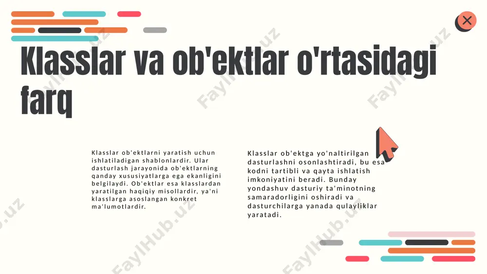 hqarish imkonini beradi. klasslardan foydalanishning afzalliklari quyidagilardan iborat: dasturiy ta'minotni oson yangilash, kodni qayta ishlatish imkoniyati va dasturiy muammolarni tezda hal qilish. bu, dasturchilarga jamoaviy ishlashda ham yordam beradi. amaliy misollar: masalan, onlayn do'kon dasturida mahsulotlar, mijozlar va buyurtmalar uchun alohida klasslar yaratilishi mumkin. bu klasslar har bir komponentni o'ziga xos xususiyatlari bilan boshqarishga imkon beradi. klasslar orqali kodni optimallashtirish klasslar yordamida kodni optimallashtirish dasturchilarga samaradorlikni oshirish imkonini beradi. obyektlarni yaratish va metodlarni ishlatish orqali kodni qayta ishlatish jarayonlari ancha soddalashtiriladi. masalan, bir xil funksiyalarni bajaruvchi bir nechta obyektlar yaratish o'rniga, klasslardan foydalanish orqali kodni yanada toza va tushunarli qilish mumkin. swot tahlili orqali klasslar va kod optimallashtirishdagi o'rnini ko'rishimiz mumkin: kuchli tomonlar - kodning qayta ishlatilishi va oson boshqarilishi; zaif tomonlar - dastlabki o'rganish qiyinchiliklari; imkoniyatlar - yangi texnologiyalar va yondashuvlar; tahdidlar - tez o'zgarayotgan dasturlash tendensiyalari. xulosa klasslar ob'ektga yo'naltirilgan dasturlashning asosiy elementlaridan biri bo'lib, ma'lumotlarni tashkil etishda …