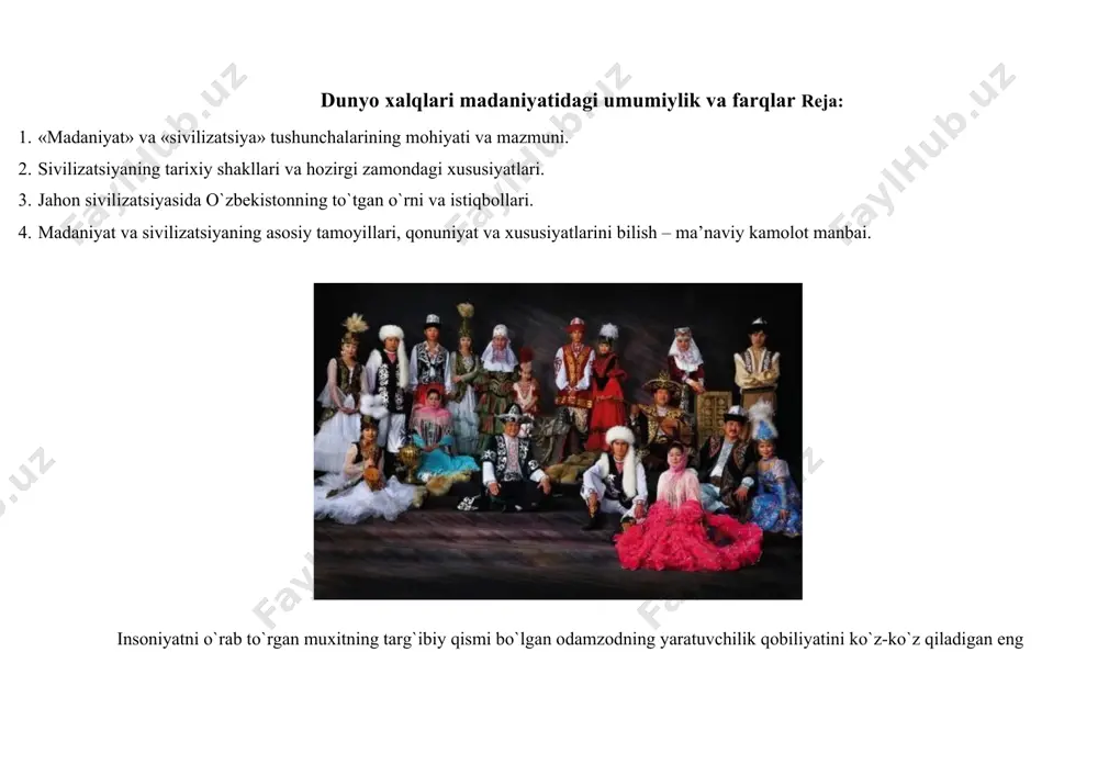 allomalarning nomlari insoniyat tarixiga abadiy muxrlangan. hozirgacha insoniyat tarixini o`rganadigan mutaxassislar bu davrdagi yunoniston madaniyatini jahon sivilizatsiyasining beshiklaridan biri sifatida talqin etadilar. тaxminan ana shu davrda «avesto» kitobini yaratgan yurtdoshlarimiz madaniyati ham yo`qsak bo`lganini bugungi kunda ko`pgina mutaxassislar e’tirof etmogda. хuddi shunday madaniy taraqqiyotni yurtimiz tarixining vii-xii asrlarida yoki soxibkiron amir тemur xukmronlik qilgan davrda ham ko`zatish mumkin. madaniyat inson bilimlari, kunikma va tajribalarini, ma’naviy saloxiyatini hamda amaliy faoliyat jarayonida inson ideallarining ro`yobga chiqishi va shaxs sifatida kamol topish jarayonini o`zida aks ettiradi. madaniyat va sivilizatsiya tushunchalari o`zaro bog`liq bo`lsa-da, turlicha mazmun va xususiyatga egadir. ba’zi olimlar madaniyat, o`zining kelib chiqishiga ko`ra, sivilizatsiyaga nisbatan qadimiydir, u mohiyatan sivilizatsiyaning ruxi, jonidir, deb xisoblaydi. masalan, a. тoynbi «тarixning idrok qilinishi» asarida shunday fikrlarni bayon etadi. franso`z olimi r. aron ham shunga yaqin xulosaga keladi. uning fikricha, aynan madaniyat va sanoat soxasidagi tanazzul asta-sekin insoniyatni krizislar botkokiga botirishi, bu esa, umumbashariyatning kelajagini xavf …