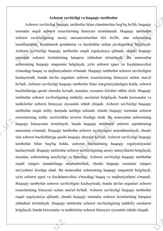 tartibga solinadi, chunki huquqiy normalar axborot resurslarining milliy xavfsizlikka ta'sirini hisobga oladi. bu munosabat axborotning huquqiy himoyasini ta'minlaydi, bunda huquqiy tartibotlar axborot oqimlarining nazoratini o'rnatadi. huquqiy tartibotlar axborot xavfsizligini mustahkamlaydi, chunki ular axborot buzilishlariga qarshi huquqiy choralar ko'radi. axborot xavfsizligi huquqiy tartibotlar bilan bog'liq holda, axborot tizimlarining huquqiy regulyatsiyasini kuchaytiradi. huquqiy tartibotlar axborot xavfsizligining asosiy tamoyillarini belgilaydi, masalan, axborotning maxfiyligi va butunligi. axborot xavfsizligi huquqiy tartibotlar orqali xalqaro standartlarga moslashtiriladi, chunki huquqiy normalar xalqaro me'yorlarni hisobga oladi. bu munosabat axborotning huquqiy maqomini belgilaydi, ya'ni axborot egasi va foydalanuvchisi o'rtasidagi huquq va majburiyatlarni o'rnatadi. huquqiy tartibotlar axborot xavfsizligini kuchaytiradi, bunda davlat organlari axborot resurslarining himoyasi uchun mas'ul bo'ladi. axborot xavfsizligi huquqiy tartibotlar orqali regulyatsiya qilinadi, chunki huquqiy normalar axborot tizimlarining barqaror ishlashini ta'minlaydi. huquqiy tartibotlar axborot xavfsizligining tashkiliy asoslarini belgilaydi, bunda korxonalar va tashkilotlar axborot himoyasi siyosatini ishlab chiqadi. o‘zbekiston respublikasining axborot xavfsizligiga oid qonunlari o'zbekiston respublikasida axborot xavfsizligiga oid qonunlar …