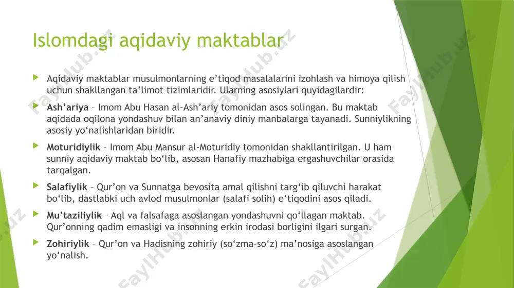 diy maktablari aql va vahiyni uyg‘unlashtirishda muhim rol o‘ynaydi. 2 diniy birlik va barqarorlik sunniylik ichidagi ash’ariylik va moturidiylik musulmonlarning diniy birlikda bo‘lishiga xizmat qiladi. ular ekstremistik yo‘nalishlarga qarshi muvozanatli yondashuvni ta’minlaydi. 3 ekstremizmga qarshi kurash zamonaviy dunyoda ba’zi radikal guruhlar diniy e’tiqodni buzib talqin qilishga harakat qilmoqda. aqidaviy maktablar islomning to‘g‘ri talqin qilinishini himoya qiladi. 4 huquqiy va ijtimoiy masalalar hozirgi davrda shariat qonunlari zamonaviy davlat boshqaruvi va huquqiy tizimlar bilan uyg‘unlashtirilmoqda. ash’ariy va moturidiy maktablari inson huquqlari va jamiyat taraqqiyoti masalalarida muhim yondashuvlarni taklif etadi. /docprops/thumbnail.jpeg