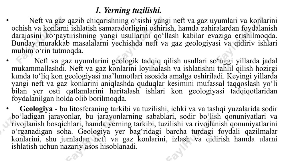 lida ekanligi bilan tushuntirdi. yerning shakli va o‘lchamlari rus olimlari f.a. krasovskiy va bashqalar tomonidan aniqlandi. ularning o‘lchashlariga muvofiq yer ellipsoid shaklida bo‘lib, aylanish uzunligi ekvatorial radiusda 6378,245 km va qutb radiusda 6356,863 km ni tashkil etadi. aylanish o‘йi sifatida kichik qutb o‘qi xizmat qiladi. yuzasining maydoni 510100934 km2, hajmi esa 1083819780000 km3 ga teng. lekin f.a. krasovskiy taklif etgan ellipsoid tasvir yer yuzasining nazariy shaklini beradi holos. uning topografik yuzasi baland tog‘lar va chuqur okeanlar bilan ellipsoid yuzasidan sezilarli darajada farq qiladi. yer yuzasining topografik yuzasiga jahon okeani sirtini materiklar osti bo‘ylab fikran davom ettirib hosil qilingan yuzali shakl ko‘prok yaqin keladi. bunday yuzali shakl faqatgina biz yashab turgan yer uchungina xos va u geoid deb yuritiladi. geoidning yuzasi barcha nuqtalarda og‘irlik kuchi yo‘nalishiga perpendikulyar bo‘lib, buning natijasida og‘irlik kuchi tezlanishi qiymatlari bu nuqtalarda bir xil miqdorlarga ega. yerning fizik xossalari. yerning og‘irligini bilish quyosh va quyosh tizimidagi boshqa …