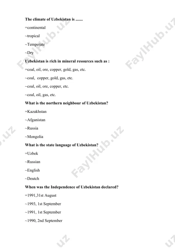 gher education consist of ? =2 ~3 ~4 ~1 what is the meaning of "phd" =a doctor of philosophy. ~a doctor of science ~no meaning ~a doctor of phsychology uzbekistan is the state of ..... =youth ~footballers ~doctors ~old the law of education is adopted in uzbekistan? =1992 ~2020 ~2019 ~1990 when was the flag of uzbekistan adopted? =1991,november18 ~1992,november8 ~1991,july2 ~1991,november 9 what do 12 stars represent in the flag of uzbekistan? =symbol of the ancient culture ~symbol of the people ~symbol of the soil ~symbol of the mountains when was emblem of uzbekistan proclaimed? =1992,2june ~1992,2 august ~1992,18 november ~1993, 2 july who... come today? =has ~do ~is ~does you haven’t .... akim today =seen ~saw ~see ~seeing what does it mean the word "local"? =mahalliy ~tashqi ~dunyoviy ~madaniy the law about "the state emblem" was appoqed in? =1992 ~1989 ~2002 ~1978