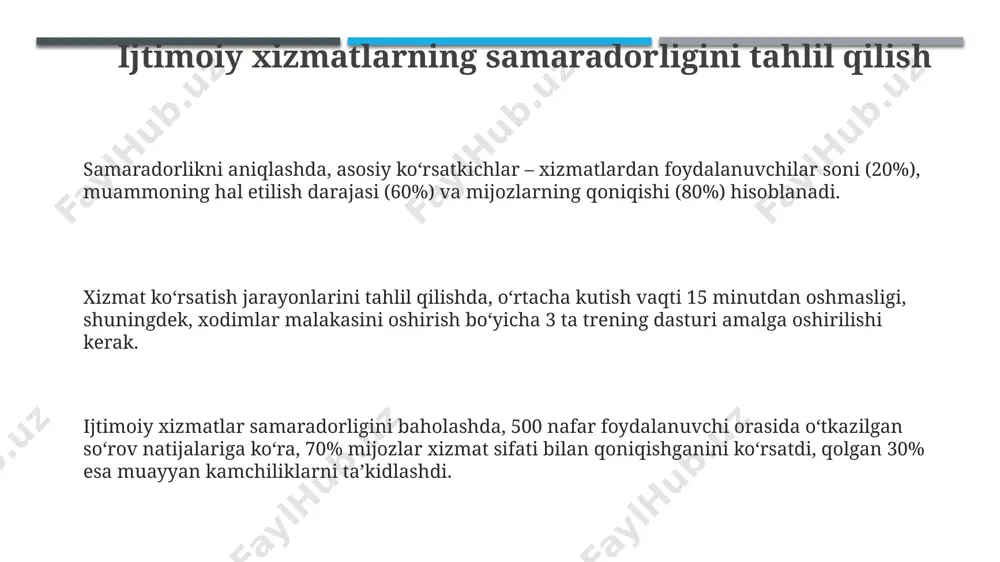 ri ijtimoiy xizmatlarni taqdim etishda individual ehtiyojlarni aniqlash va moslashuvchan yondashuvlarni ishlab chiqishda 20% ga aniqlikni oshiradi, bu esa shaxsiylashtirilgan yordamni ta'minlaydi. ijtimoiy xizmatlarning sifatini yaxshilash bo'yicha strategiya mijozlarning qoniqish darajasini aniqlash uchun 5 ball shkalasi bo‘yicha anonim so‘rovnomalar o‘tkazish va olingan natijalar asosida xizmatlarni takomillashtirish strategiyasini ishlab chiqish muhim. ijtimoiy xizmatlarning samaradorligini 20% ga oshirish uchun xodimlarni malaka oshirish va qayta tayyorlash dasturlarini joriy etish, shuningdek, zamonaviy texnologiyalarni qo‘llash kerak. ijtimoiy xizmatlarni taqdim etish jarayonlarini soddalashtirish va byurokratiyani kamaytirish orqali, 10% gacha vaqtni tejash va mijozlar uchun qulaylikni oshirish mumkin. shaffoflik va hisobot berish hisobot berish samaradorligini aniqlash uchun kamida 3 ta turli ko‘rsatkich – xizmat ko‘rsatish muddati, mijozlarning qoniqishi va byudjet sarflanishi – tahlil qilinishi kerak. ijtimoiy xizmatlarning sifati bo‘yicha 5 yillik ma’lumotlar bazasini tahlil qilish orqali aniqlangan kamchiliklarni bartaraf etish bo‘yicha aniq tavsiyalar ishlab chiqish mumkin. shaffoflikni baholash uchun fuqarolarning 85% dan ortiq qismi ishtirok etadigan onlayn …