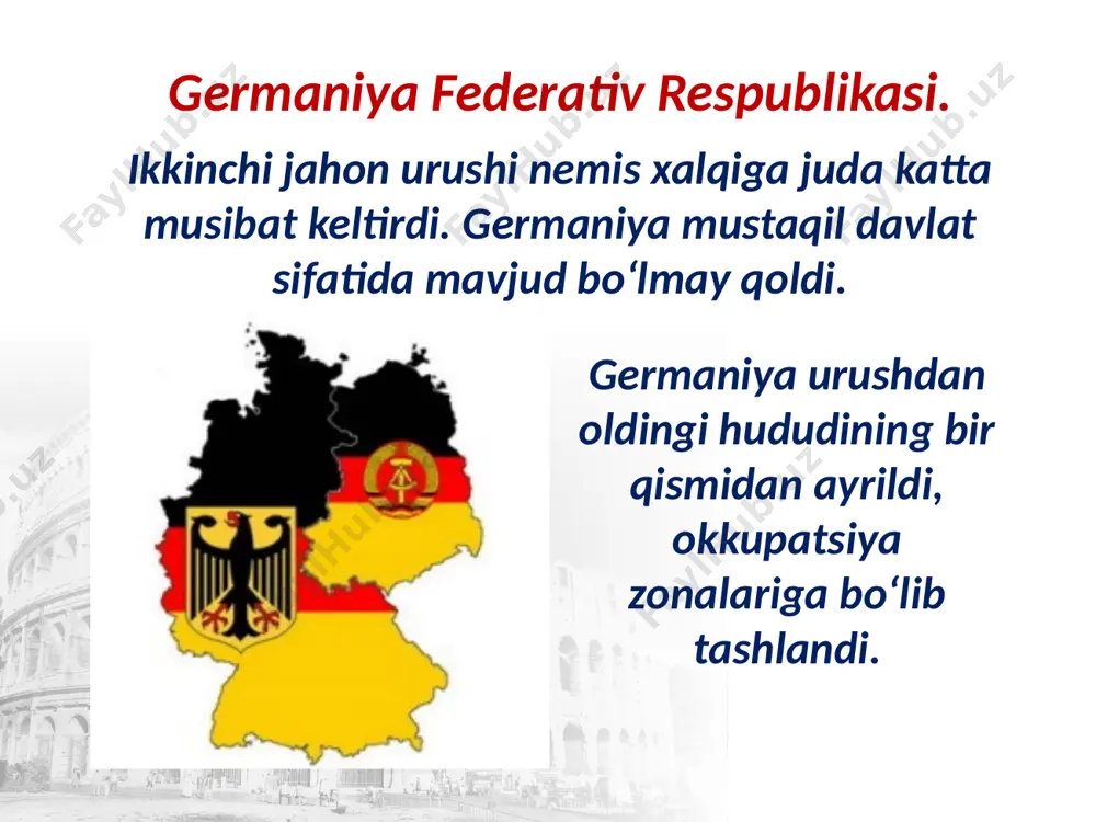 chi bo‘lishga intildi. italiya hukumati yevropa integratsiyasi g‘oyasini faol hayotga tatbiq qilib bordi. 1957-yili yevropa iqtisodiy hamkorligini (yih) tuzish to‘g‘risida rim shartnomasi imzolandi. urushdan keyingi o‘n yillikda italiya g‘arbning boshqa davlatlari singari jadal iqtisodiy o‘sish davrini boshdan kechirdi. ammo bu jarayon uzoq davom etmadi. 1974-yili italiyada chuqur iqtisodiy inqiroz boshlandi. ishlab chiqarishning o‘sishi deyarli to‘liq to‘xtadi, ishsizlar soni ko‘paydi, tashqi savdoda defitsit oshib ketdi. narx-navo ko‘tirilib bordi. 1980-yillarga kelib koalitsion hukumat shakllandi. biroq u barqaror emasdi va hukumatning tez-tez almashishi italiyaning o‘ziga xos an’anasiga aylanib qoldi. savol va topshiriqlar 1. urushdan keyingi germaniyaning ahvoli to‘g‘risida gapirib bering. 2. gfrda k. adenauer siyosati va «marshall rejasi» mamlakat iqtisodiyotining tiklanishi va o‘sishida qanday rol o‘ynadi? 3. berlin devorining qulashi va germaniyaning birlashishi haqida nimalar bilasiz? 4. 1950 – 1960-yillardagi italiya taraqqiyoti to‘g‘risida gapirib bering. bu davrda italiyaning rivojlanishi germaniyaning shu davrdagi rivojlanishidan nimasi bilan farq qiladi? 5. 1970-yillarda italiyadagi siyosiy beqarorlikning sabablari …