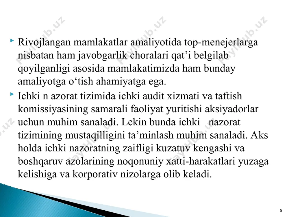 a noto'g'ri axborotlarni o'rganib borish va ulami bartaraf qilish choralarini ko'rish; - kompaniya ichki nazorat tizimidagi kamchiliklami aniqlash va bartaraf qilish; - boshqaruv organlari va nazorat organlari a'zolariga tolanadigan mukofotlarning adekvatligini ta’minlash, ularning miqdorini erishilgan yutuqlar natijasiga mutanosibligini ta’minlash; - professional va korporativ etika tamoyillarini ta’minlash. kompaniyaning boshqaruv va nazorat organlari, mansabdor shaxslar, xodimlar va mijozlar o'rtasida manfaatlaming qarama- qarshiligi kelib chiqishining oldini olish va uni boshqarish maqsadida quyidagilar ham amalga oshirilishi shart: * -kompaniya kuzatuv kengashi tomonidan qabul qilinadigan qarorlaming obyektiv, betaraf va jamiyat rivojlantirish strategiyasiga muvofiqligini ta’minlash maqsadida uning tarkibiga mustaqil nomzodlami kiritishga intilish. kompaniyaning boshqaruv va nazorat organlari, mansabdor shaxslari, xodimlar hamda mijozlar o'rtasida manfaatlaming qarama-qarshiligi kelib chiqishining oldini olish va uni boshqarish maqsadida kompaniyaning boshqaruv va nazorat organlari, mansabdor shaxslari, xodimlar quyidagilami amalga oshirishlari lozim: -belgilangan tartibda kompaniya to‘g‘risidagi axborotlami berib borish; -tijorat siri va qonunchilik talablari asosida oshkor qilinmasligi belgilab qoyilgan axborotlardan foydalanishda ulaming sirligini …