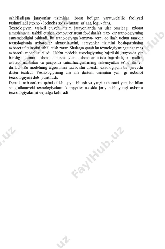 dli: 0,1 ikki razryadli: 00,01,10,11 uch razryadli: 000,001,010,011,100,101,110,111. demak, har bir razryad oshganda oldingisiga nisbatan qiymatlar soni ikki marta oshadi. barcha harf va belgilarni kodlashtirish uchun esa sakkiz razryadli kodlashtirishdan foydalaniladi. masalan: kirill alifbosi harflari uchun: m a b 11001110 11000001 11000010 demak, har bir harf 8 bitdan iborat, 8 bitga 1 bayt deyiladi. katta hajmdagi axborotlar hajmini ifodalashda quyidagi o‘lchov birliklaridan foydalaniladi: 1 kilobayt=210 bayt= 1024 bayt 1 megabayt=210 kilobayt=1024 kilobayt1 gigabayt=210 megabayt=1024 megabayt. axborot haqida aniq bir ta’rif yo‘q, lekin unga quyidagicha ta’rif berish mumkin: bizni o‘rab turgan dunyo, tabiat va jamiyatdagi voqealar, hodisalar va jarayonlar haqidagi xabarlarning to‘plami axborotdir. informatika fani axborotlarning xususiyatlarini, axborotlarning beri- lish usullarini o‘rganuvchi va axborotlarni to‘plash, jamlash, saqlash, qayta ishlash, texnik va dasturiy vositalar yordamida uzatish qonun-qoi- dalarini o‘rganadi. informatikaning texnik asosi ko‘p fanlar bilan, misol uchun, fizika, kimyo, elektronika va radiotexnika fanlari bilan bog‘langan. informatikaning o‘zagini aniq texnik va dasturiy vositalar …