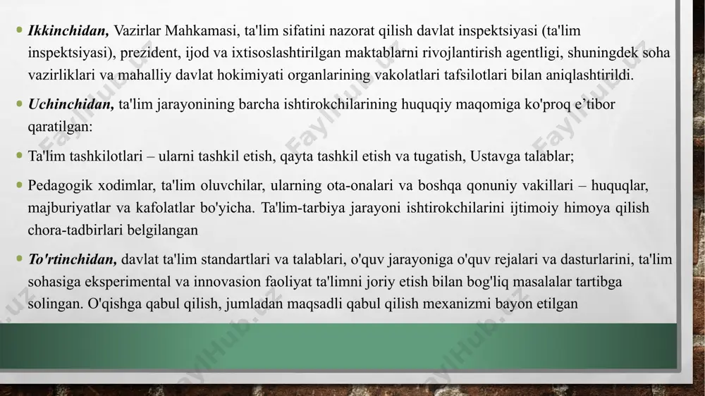 tizimi joriy etiladi; pedagogik ta'limning 6ta yo'nalishi bo'yicha o'qish muddati 3 yil etib belgilanadi; 10ta otm o'zini-o'zi moliyalash tizimiga o'tib, kamida 5ta otm transformasiya qilinadi bundan tashqari, maktabgacha ta'lim yoshidagi bolalarni bog'chalarga qamrab olish ko'rsatkichini 60 foizga etkazish ko'zlanmoqda. shu bilan birga, 6 yoshli bolalarni maktabga tayyorlash tizimini joriy qilish davom ettiriladi. shu maqsadda 130 mlrd so'm mablag'ajratiladi. 2020 yilda 36ta yangi maktab qurilib, 216tasi kapital ta'mirdan chiqariladi. ushbu ishlarga esa 1,7 trln so'm mablag'sarflanishi rejalashtirilgan. joriy yilda 55ta xususiy maktab tashkil etilishi, ularning respublikadagi umumiy soni 141taga etkazilishi bildirildi. yuqori malakali o'qituvchilar maoshini yanada oshirish masalasi davom etadi. professional kasb-hunar ta'limda yangi tizim yo'lga qo'yiladi: 340ta kasb-hunar maktabi, 147ta kollej va 143ta texnikum tashkil etiladi. milliy malaka tizimi ishlab chiqiladi, natijada 9000ga yaqin kasblar bo'yicha kadrlar tayyorlanadi. e’tiborngiz uchun raxmat image1.png image5.png image6.png image7.png image8.png image2.png image3.jpg image4.png image9.jpeg image10.jpeg