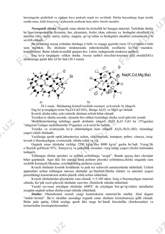 ha tarkibiga kiruvchi xom-ashyo materiallar tayyorlanadi: ular quritiladi, elanadi, maydalanadi va yaxshilab aralashtiriladi. agar maydalangan materiallar bir jinsli bo‘lsa, undan olinadigan shishaning sifati juda yuqori chiqadi. tayyorlangan (aralashtirilgan) xom-ashyo materiallarni pishirish uchun vannali pechlarga, uzluksiz va davriy ishlaydigan marten pechlariga solinadi va tegishli harorat (12000c) da shisha materialga aylantiriladi. pechlar asosan gaz va qattiq yoqilg‘ilar bilan ishlaydi. eng katta pechda bir sutkada 200 tonnagacha shisha massa ishlab chiqarish mumkin. pishirilgan shisha massadan buyum ishlab chiqarish uchun turli qoliplardan va turli prinsipda ishlaydigan mashinalardan foydalaniladi. masalan, xo‘jalik ishlari va qurilish uchun shisha bloklar ishlab chiqarish uchun pishirilgan shisha massalar presslanadi. agar ma’lum bir qalinlikdagi shisha listlar ishlab chiqarish kerak bo‘lsa, shisha massa ichi bo‘sh valiklar orasidan o‘tkazib prokatlanadi. yuqori mustahkamlikka ega bo‘lgan shisha hosil qilish talab qilinsa, shisha toblanadi, ya’ni yumshash harorati (15-200c) dan yuqori haroratgacha qizdiriladi va siqilgan havo purkash orqali tez sovitiladi. shisha buyumlarga faqat termik usulda emas, balki …
