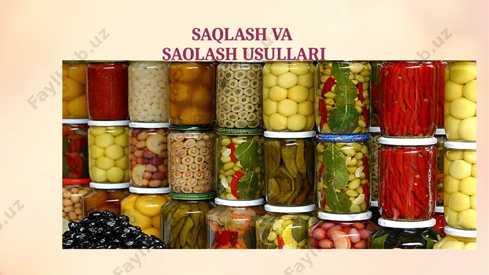 arni saqlashning bunday an'anaviy usullari, ularning maxsus fermentatsiyasi - fermentatsiya kabi tez buziladigan moddalar bilan birga konservantlarning shakllanishi - kislotalar va boshqalar mikrob metabolitlari - bilan ishlatiladi qadim zamonlar. bularga allaqachon aytib o'tilgan fermentatsiya kiradi , fermentatsiya (sharob va sirka ishlab chiqarishda ) va boshqalar. biologik saqlanish misoli pishloq hisoblanadi . uni hosil qilgan bakteriyalar undagi boshqa mikroorganizmlarning rivojlanishiga to'sqinlik qiladi. 11 haroratni davolash va krioponzervasiya sterilizatsiya va pasterizatsiya mahsulotni 60-70 ° s haroratgacha doimiy isitish pasterizatsiya deb ataladi , lui paster nomi bilan atalgan. natijada jarayon, bakteriyalar o'ladi, lekin ularning sporalari omon, uchun qaysi pasterizatsiyalangan mahsulotlar do'konining rivojlanishiga yo'l qo'ymaslik sovuqda . fraksiyonel pasterizatsiya usuli shundan keyin pasterizatsiya, mahsulot normal haroratda saqlanadi sporalarning rivojlanishi uchun etarli vaqt, shundan so'ng ular duchor bo'ladi qayta pasterizatsiya, jarayon bir necha marta takrorlanishi mumkin. to'liq sterilizatsiya qilish uchun mahsulotni qaynatish etarli emas 100 ° c da - bakteriyalarning issiqlikka chidamli sporalarini yo'q qilishni …